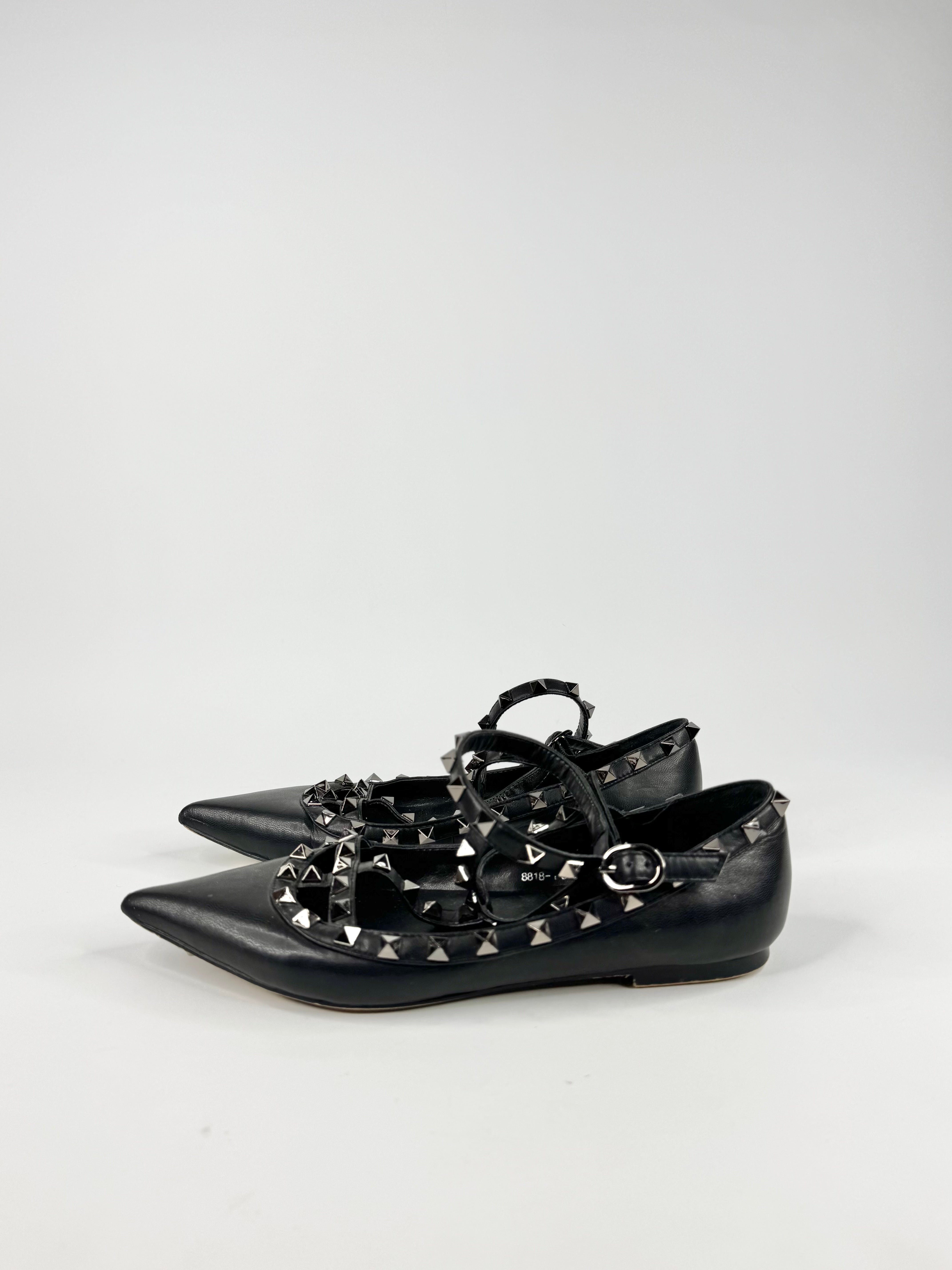 Valentino Garavani Black Leather 'Rockstud' Cage Flats - EU38