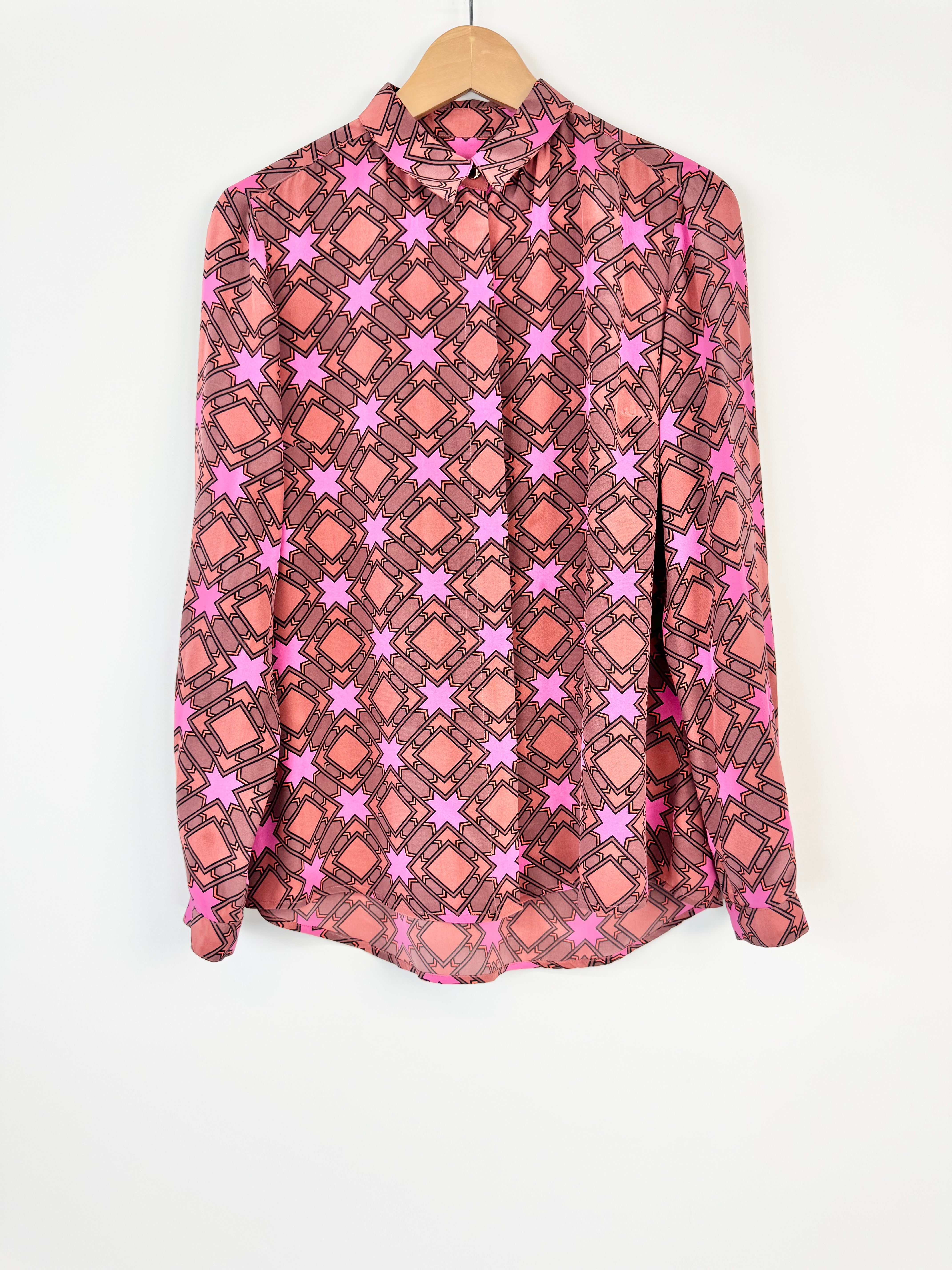 Oroton Pink and Burgundy Geometric Print Long Sleeve Shirt- AU12