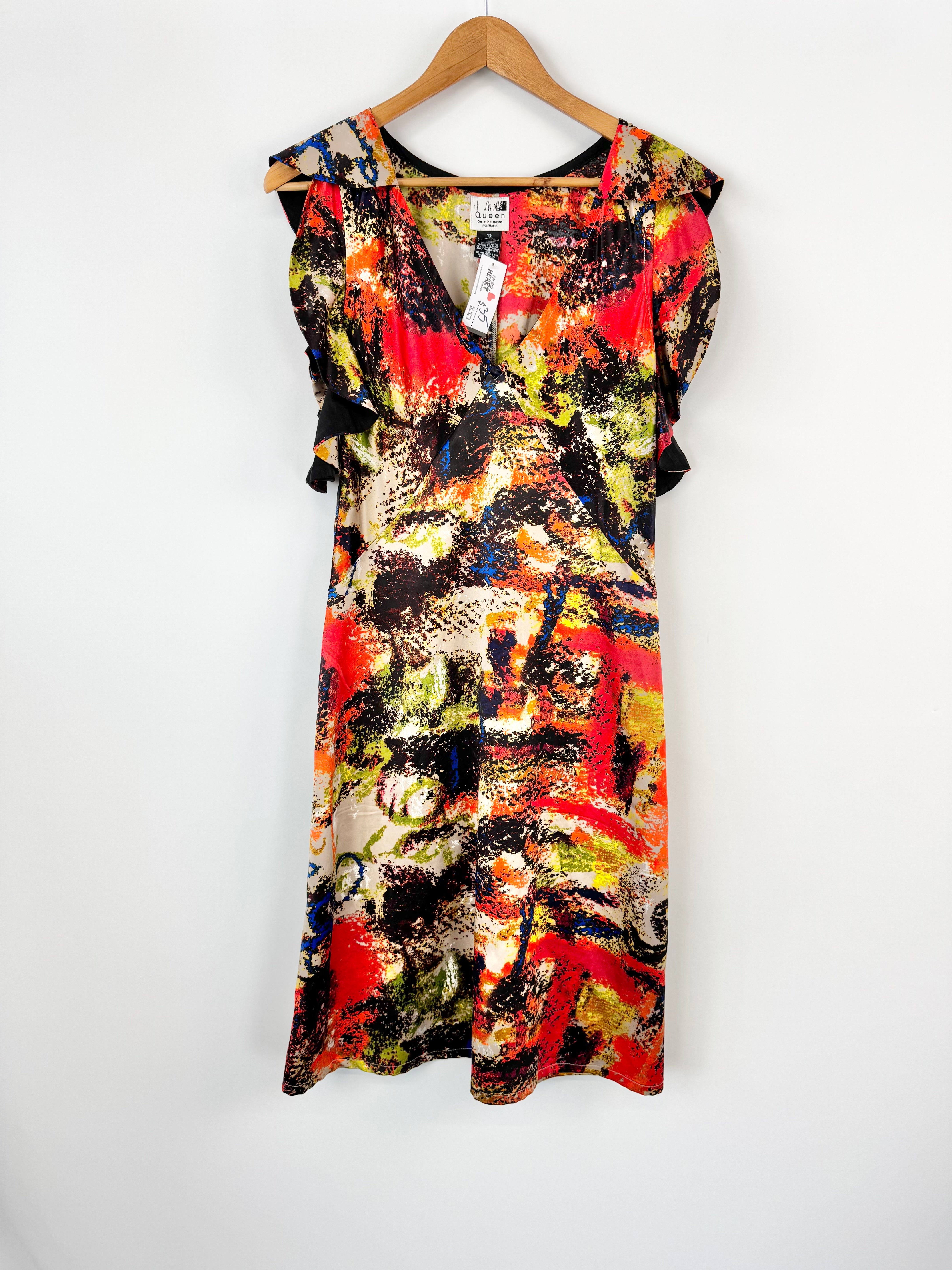 QUEEN BY CHRISTINE BOYLE RUFFLE SLEEVE JEWEL TONE MIDI DRESS - AU12