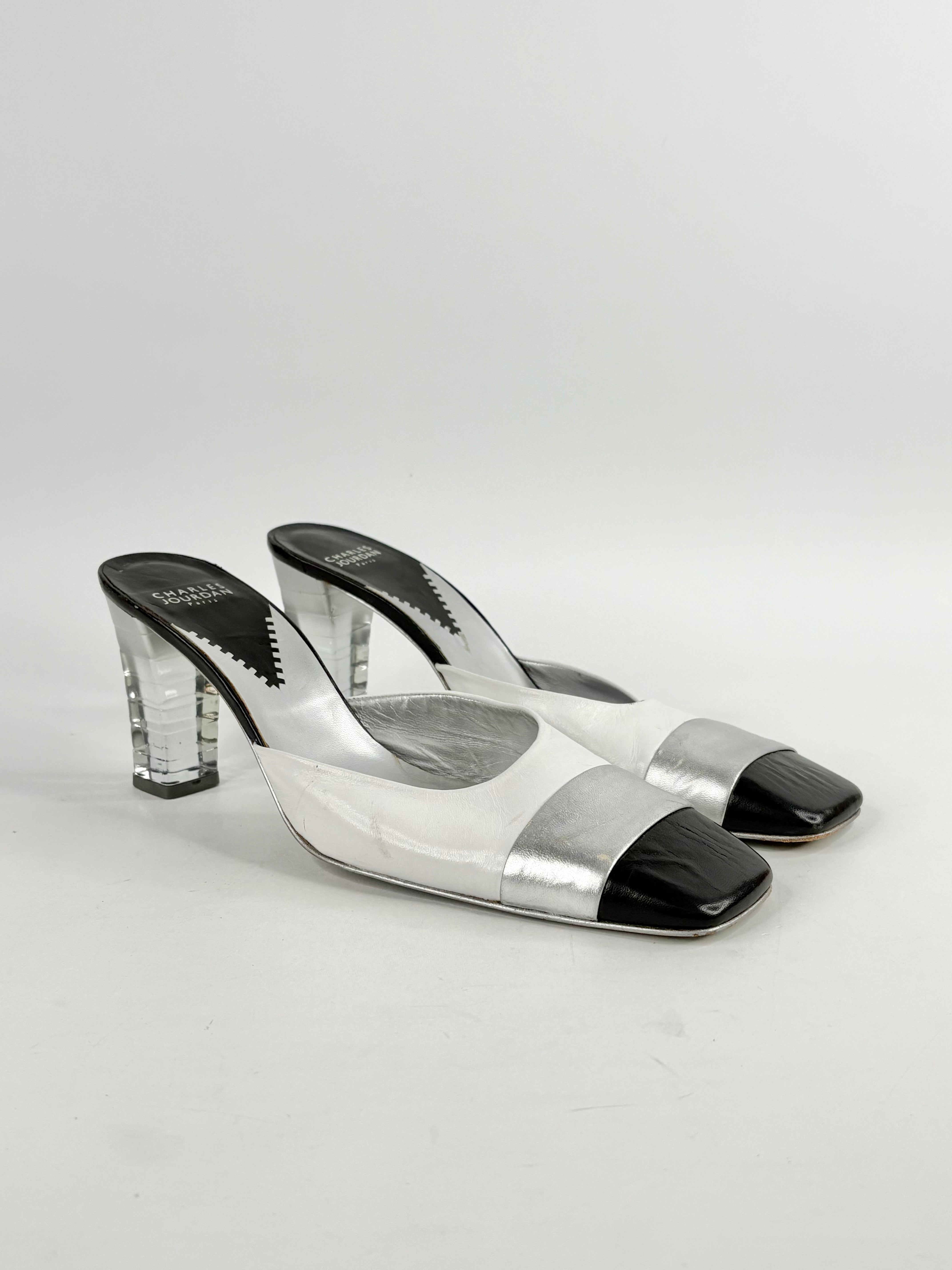Charles Jourdan Black, White & Silver Leather Sandals - EU41