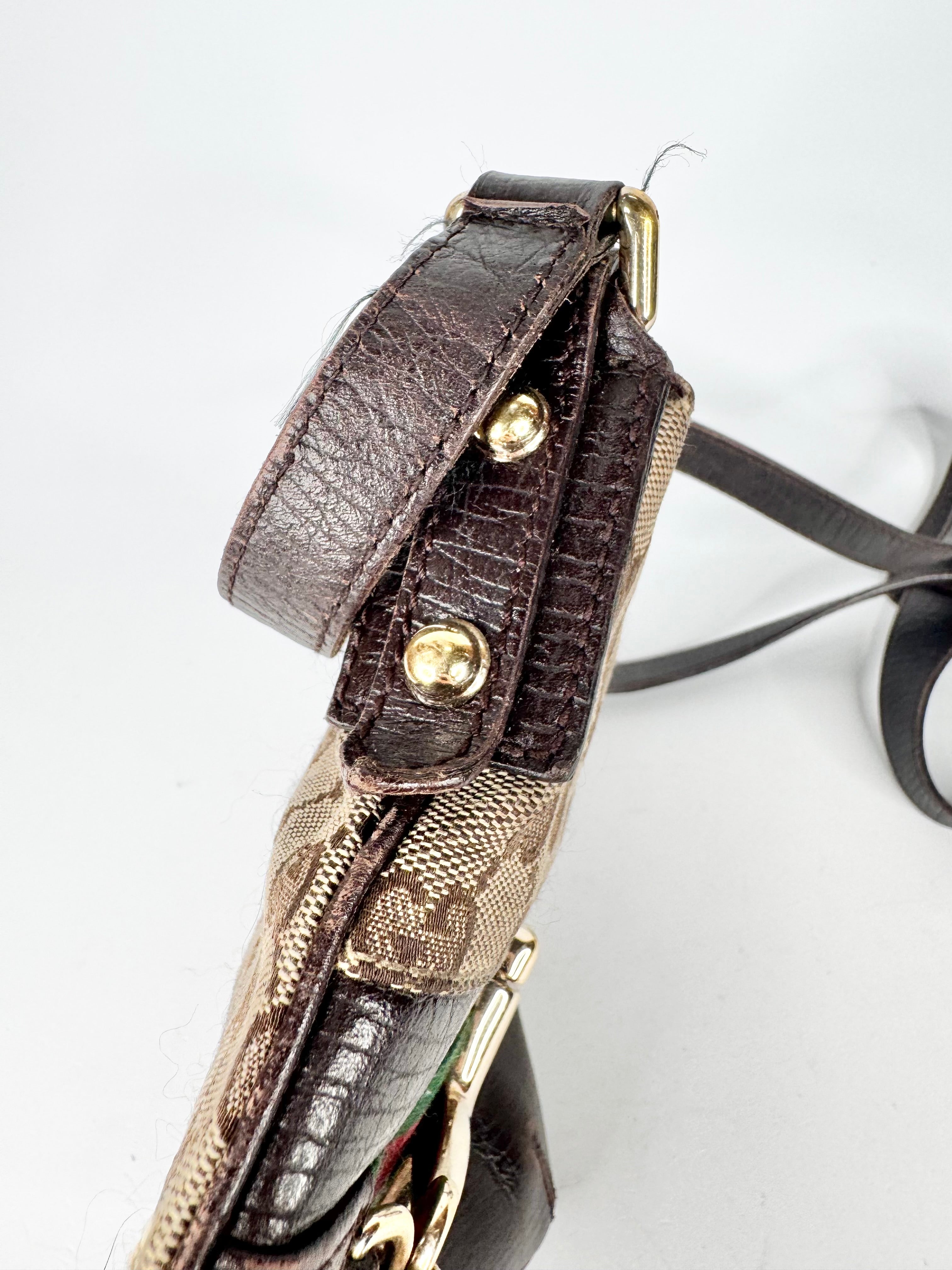 Vintage Gucci GG Canvas Horsebit Sherry Line Shoulder Bag Brown Beige