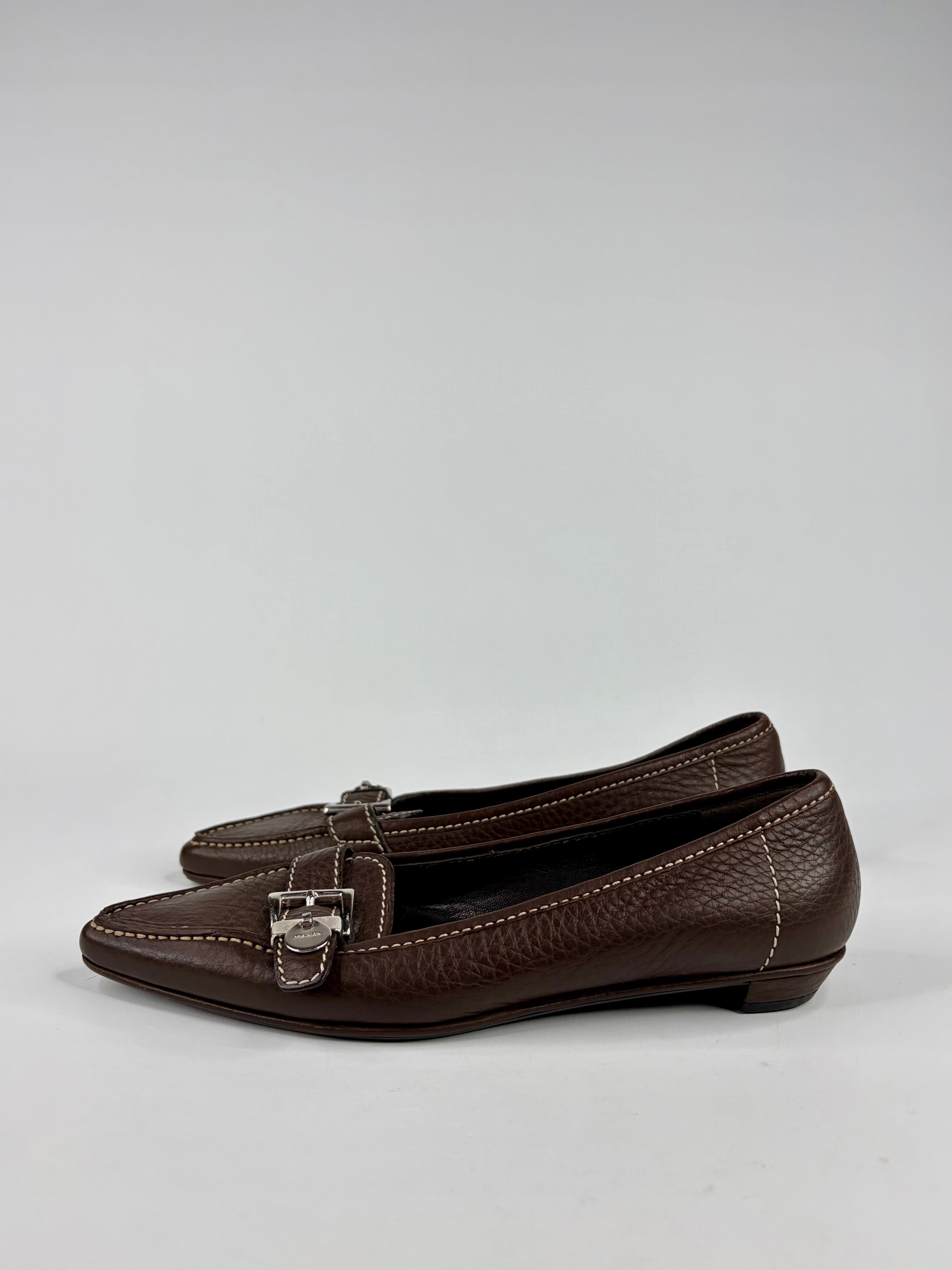 Prada Chocolate Leather Pointed Flat - 36
