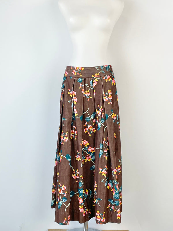 Obus Brown Corduroy Floral Print Pleated Skirt - AU10