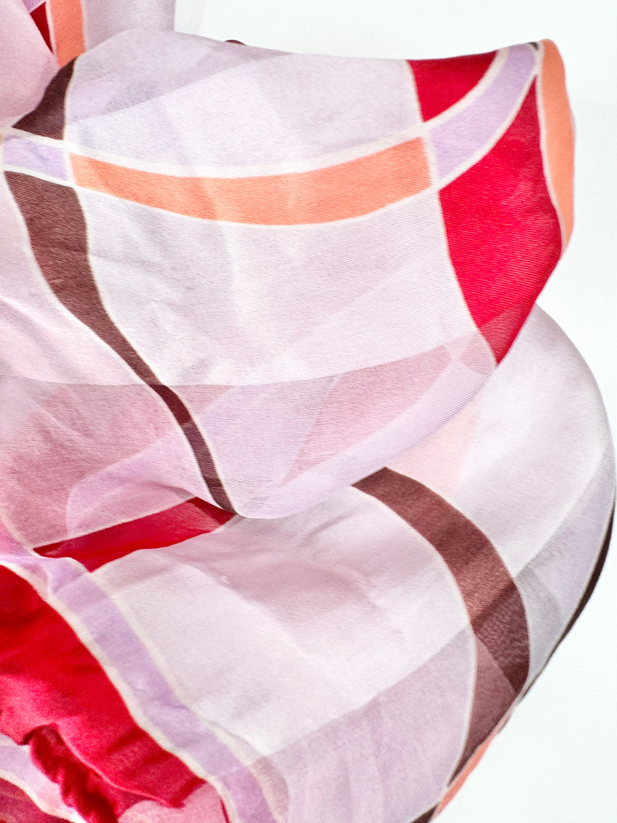 Retro Patterned Red & Lavender Hand-Rolled Silk Scarf