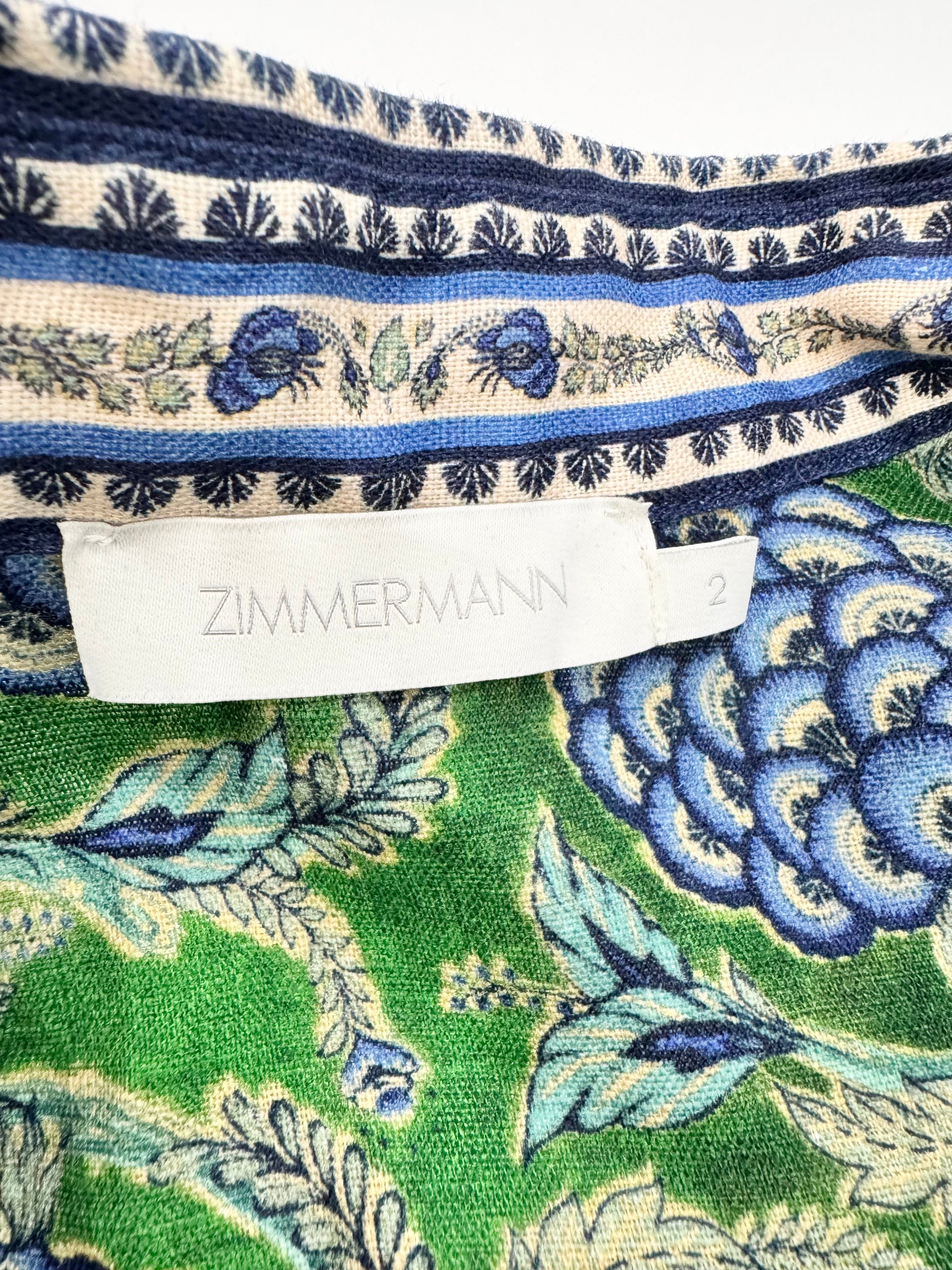 Zimmermann Resort Swim 24 Green & Blue 'Junie' Linen Mini Dress - AU10/12