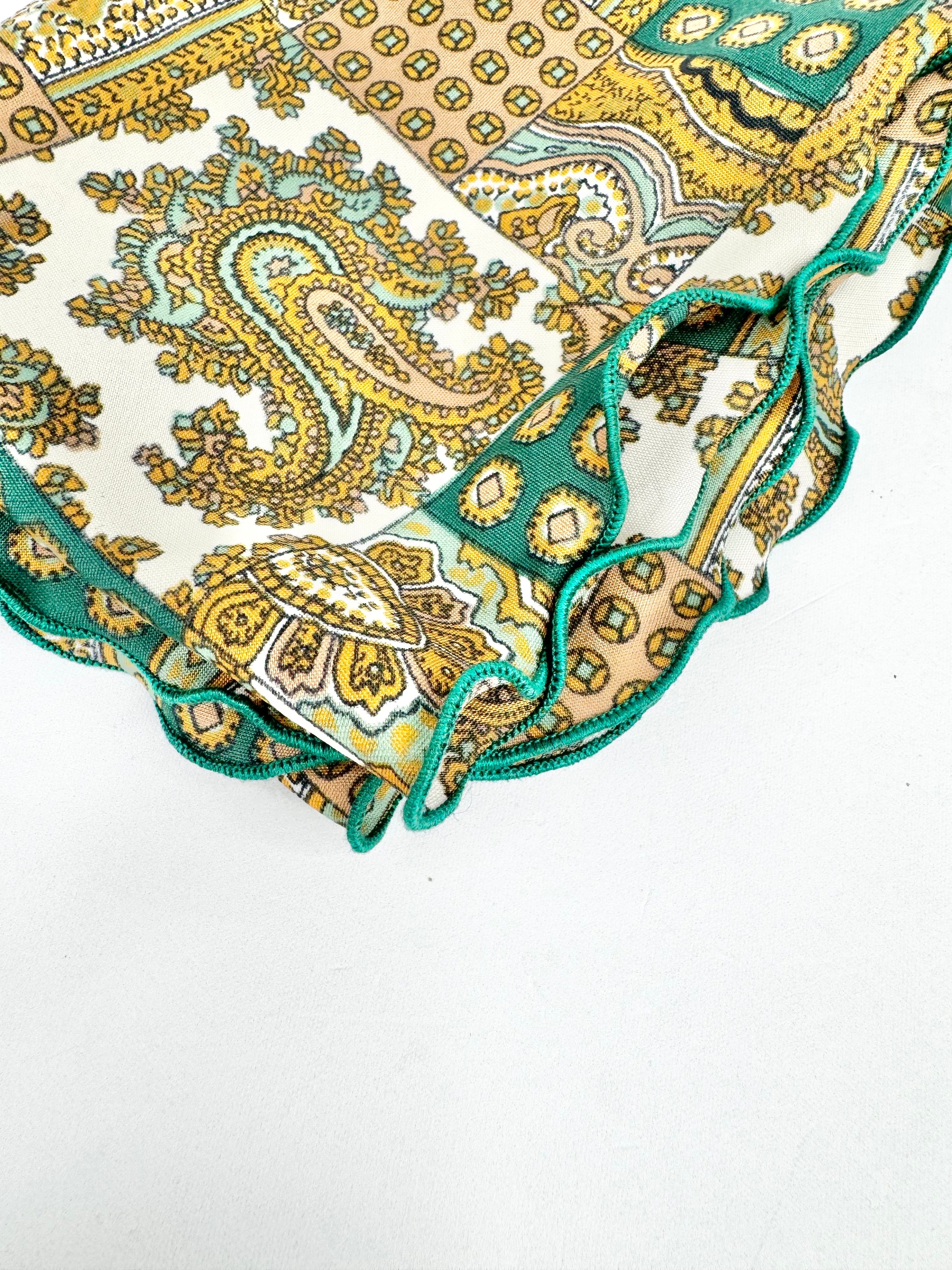 MFW Vintage 70s Green Paisley Pattern Lettuce Hem Scarf