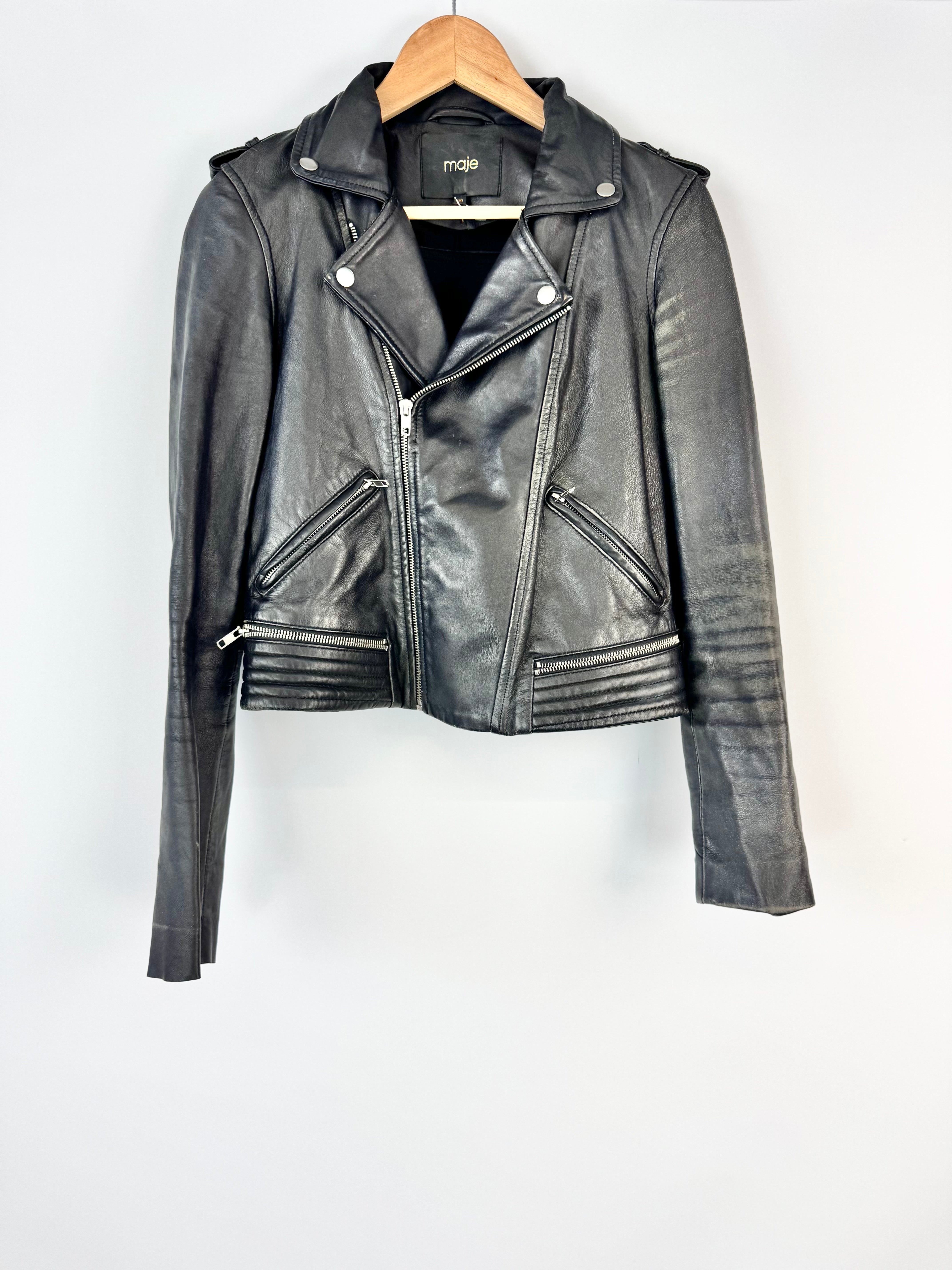 Maje Black Leather Cropped Biker Jacket - AU10