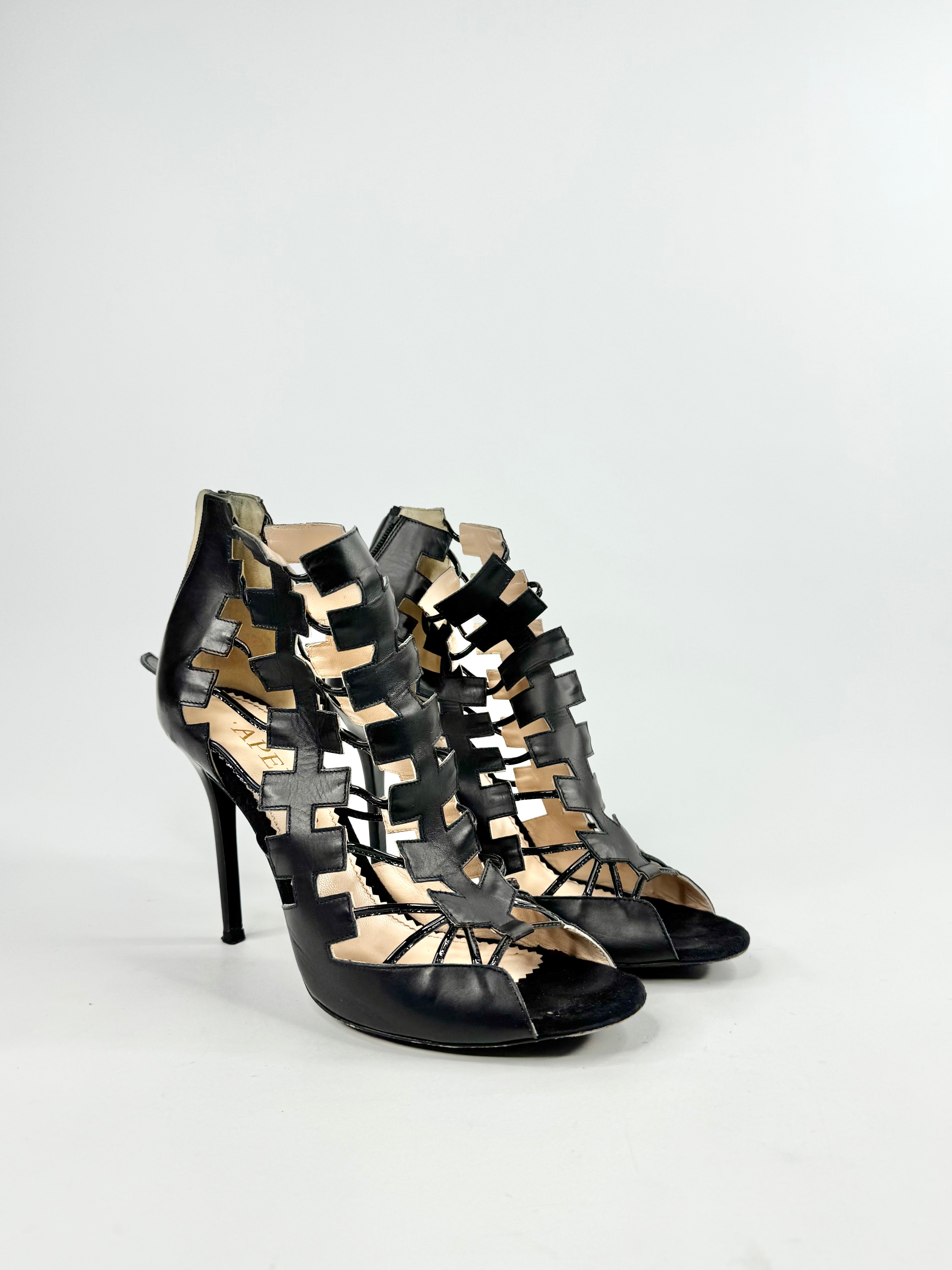 Aperlai Paris Black Leather 'Cross Booties' Stilettos - EU41