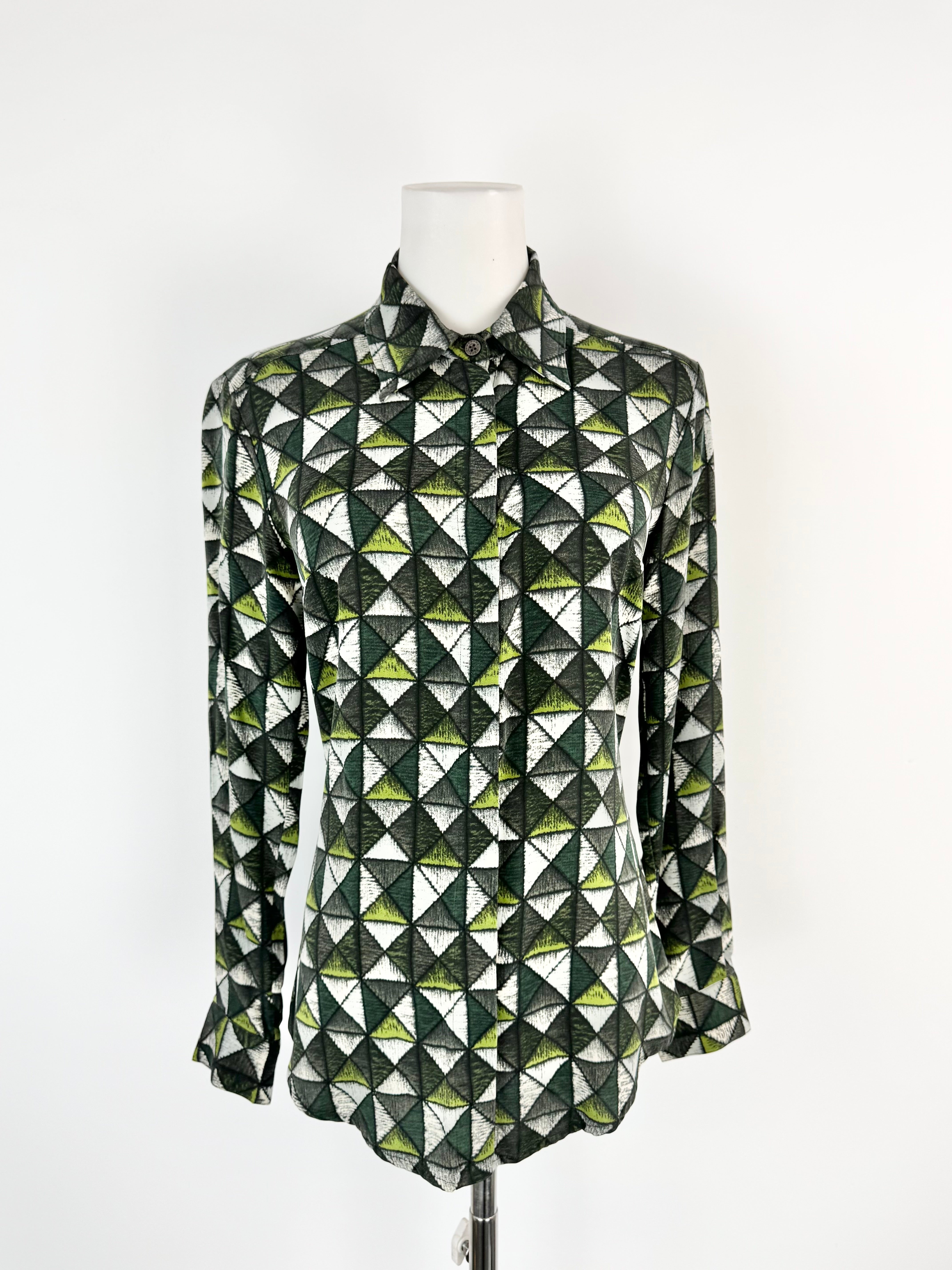 Samantha Sung Green Grid Patterned Fitted Silk Blouse - AU8