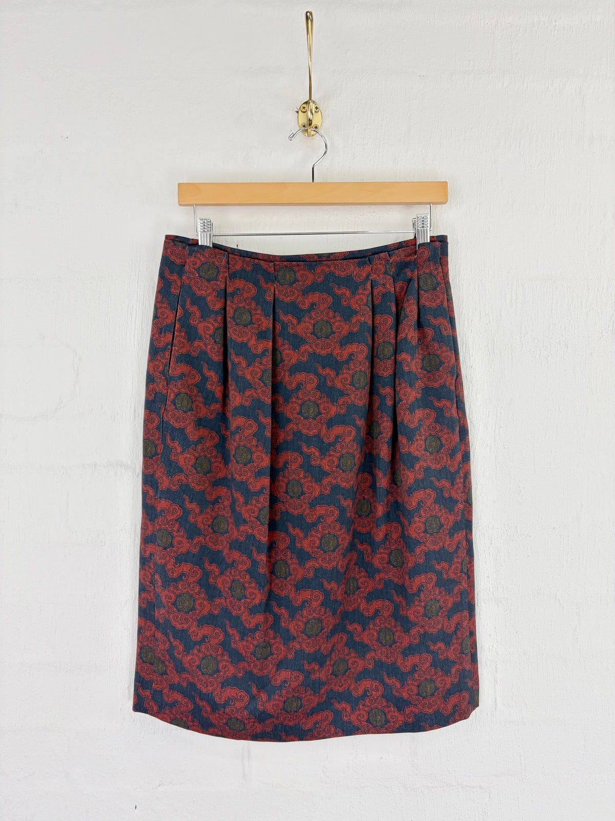 Dries van Noten Red & Navy Patterned Wool Skirt - AU8/10