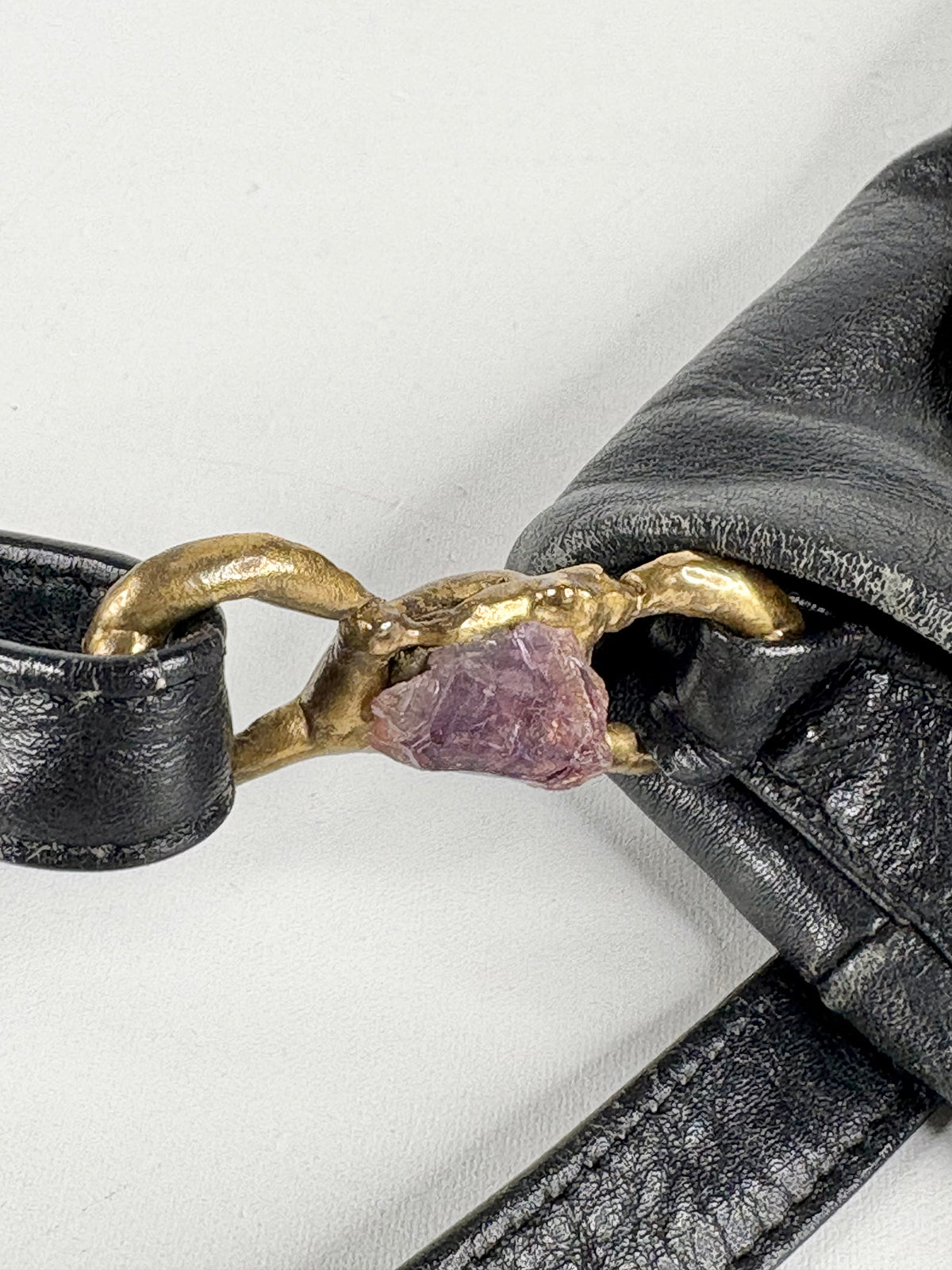 Amethyst Encrusted Black Leather Shoulder Satchel Bag