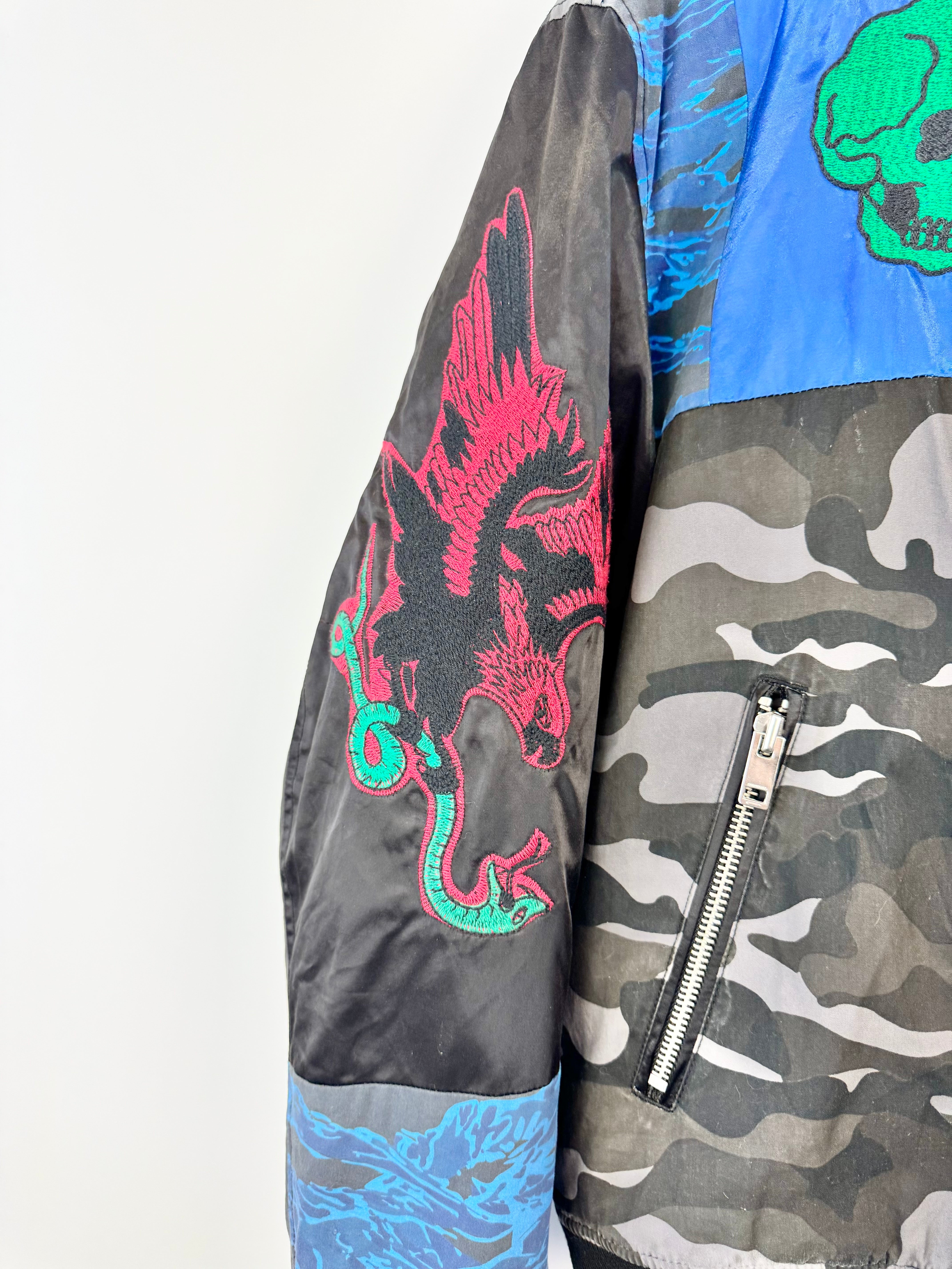 Diesel 'J-Kit' Patch Embroidered Blue & Black Bomber Jacket - L