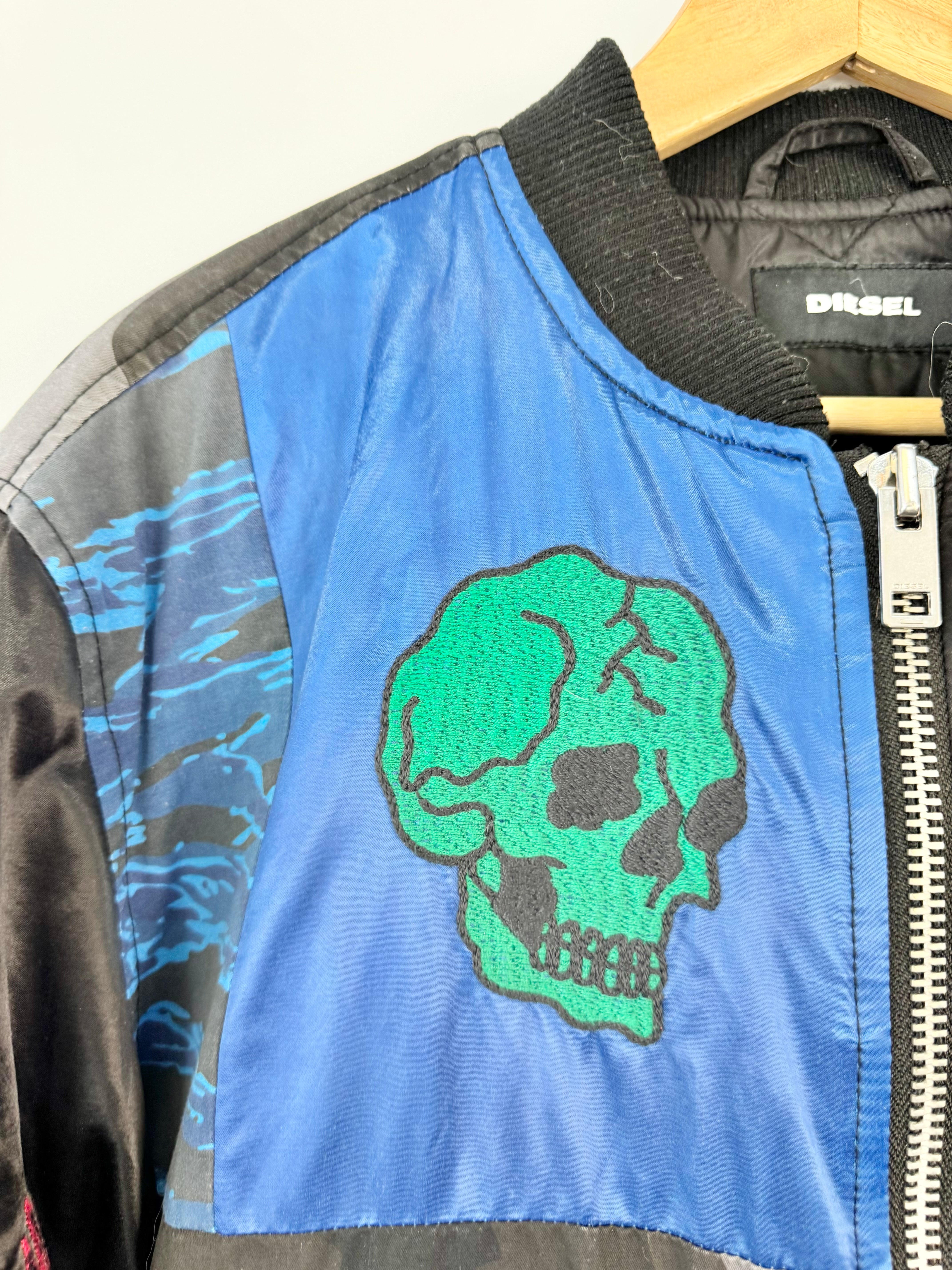 Diesel 'J-Kit' Patch Embroidered Blue & Black Bomber Jacket - L