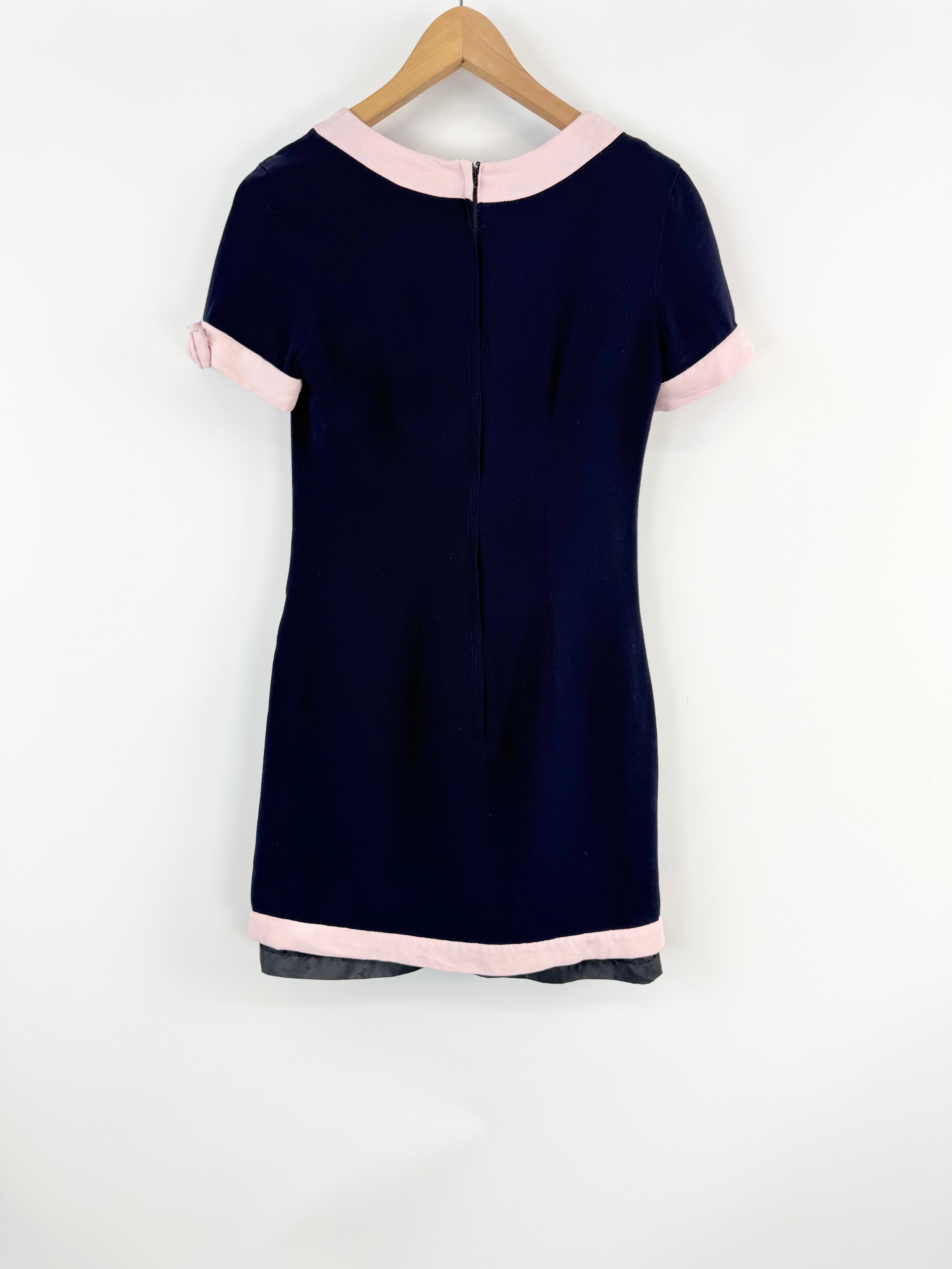 Vintage Lisa Ho Midnight Blue & Pink Trim Mini Dress - AU10