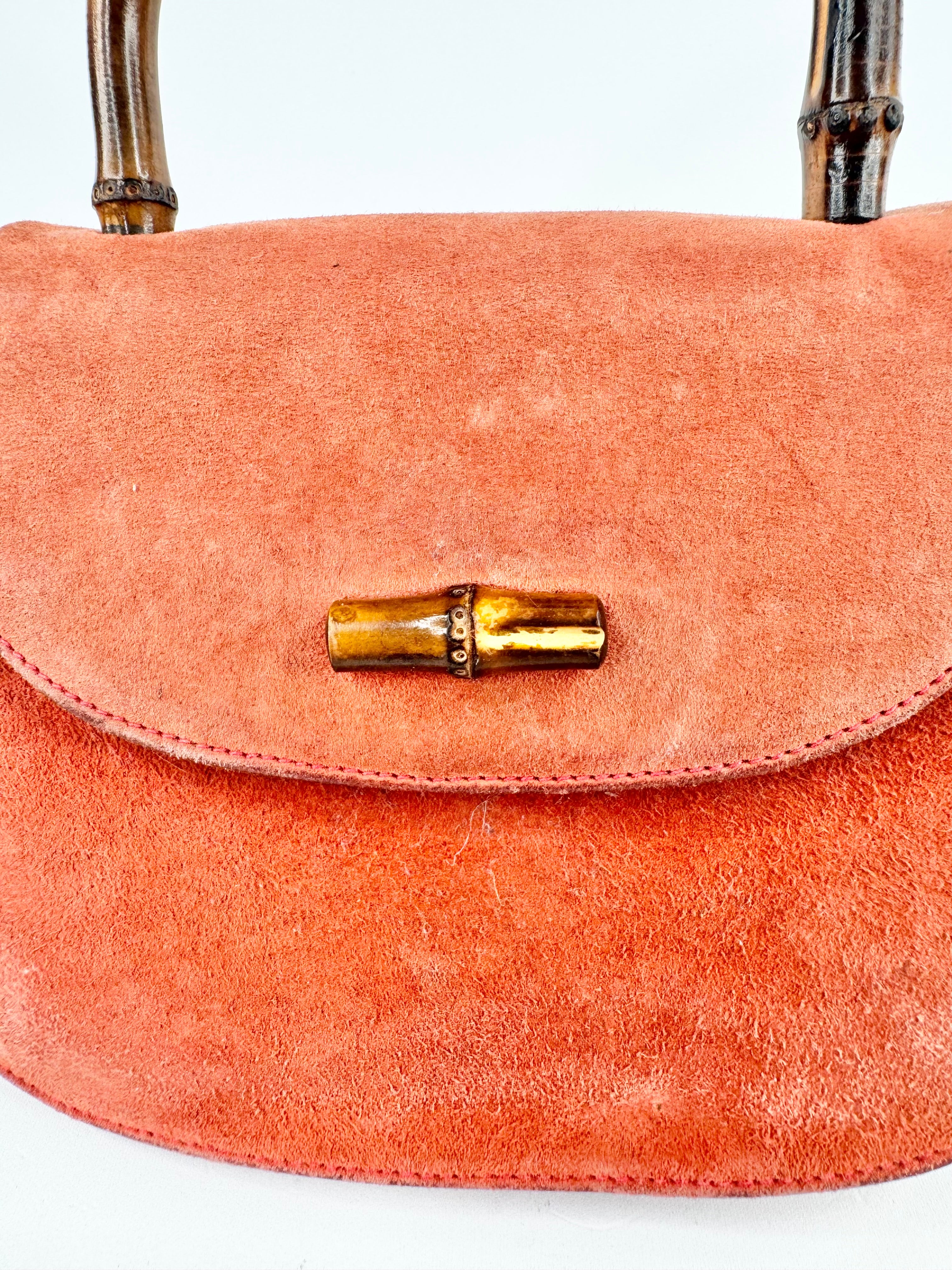 Vintage Gucci Mini Orange Sorbet Suede Bamboo Cross Body Bag