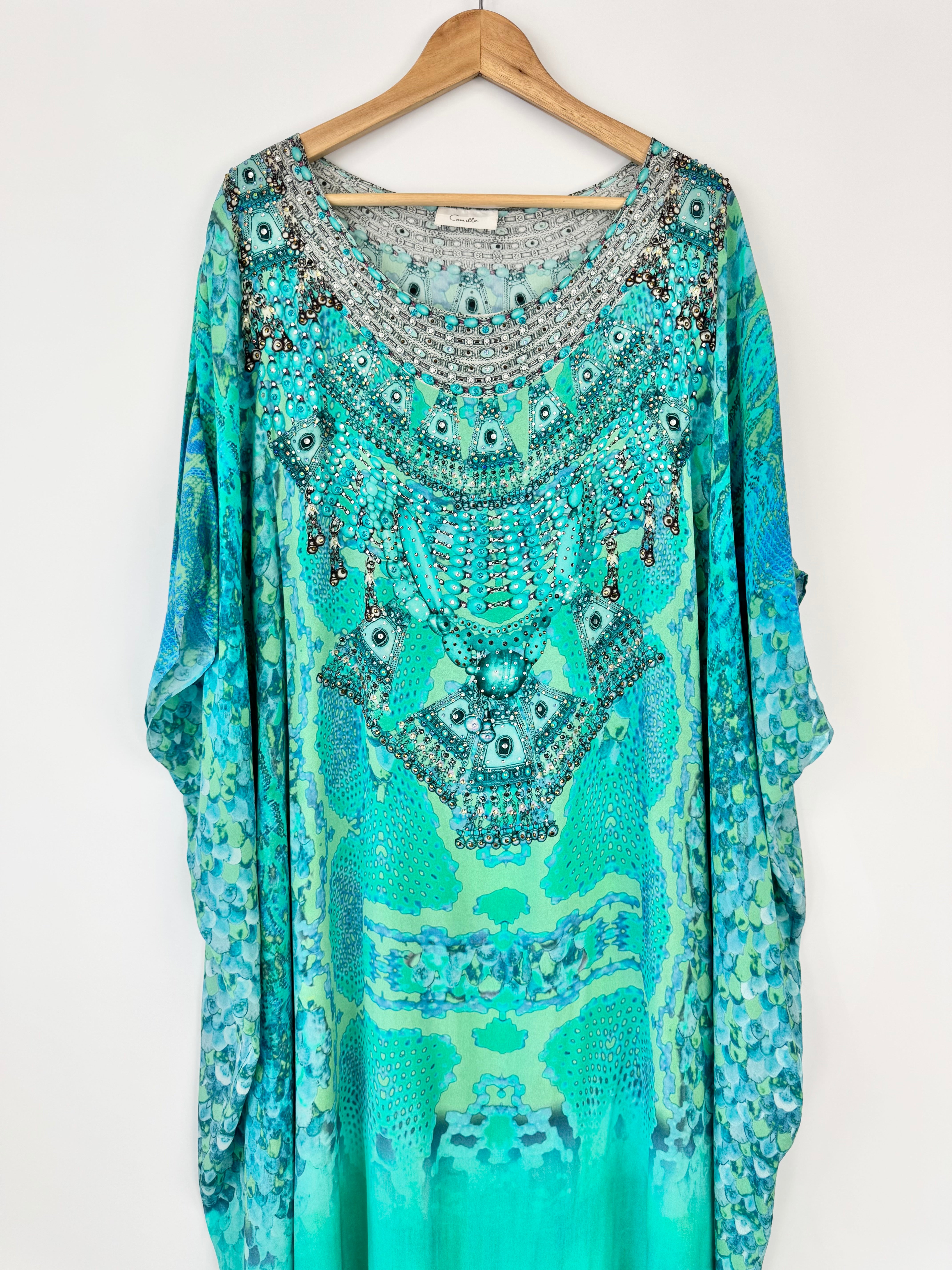 Camilla Aqua Blue & Green 'Franks Ottoman Viper' Silk Kaftan - AU8/10/12