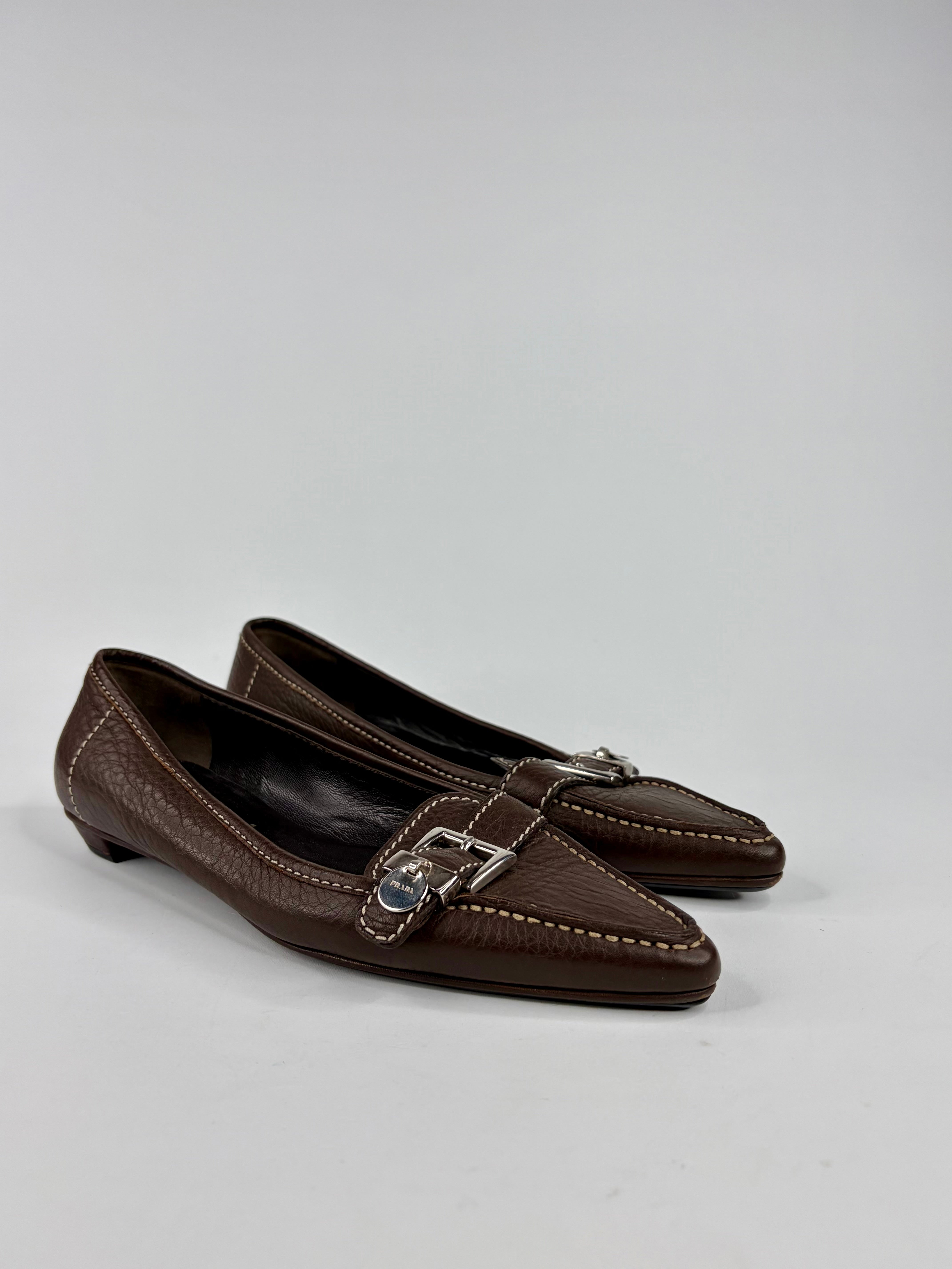Prada Chocolate Leather Pointed Flat - 36