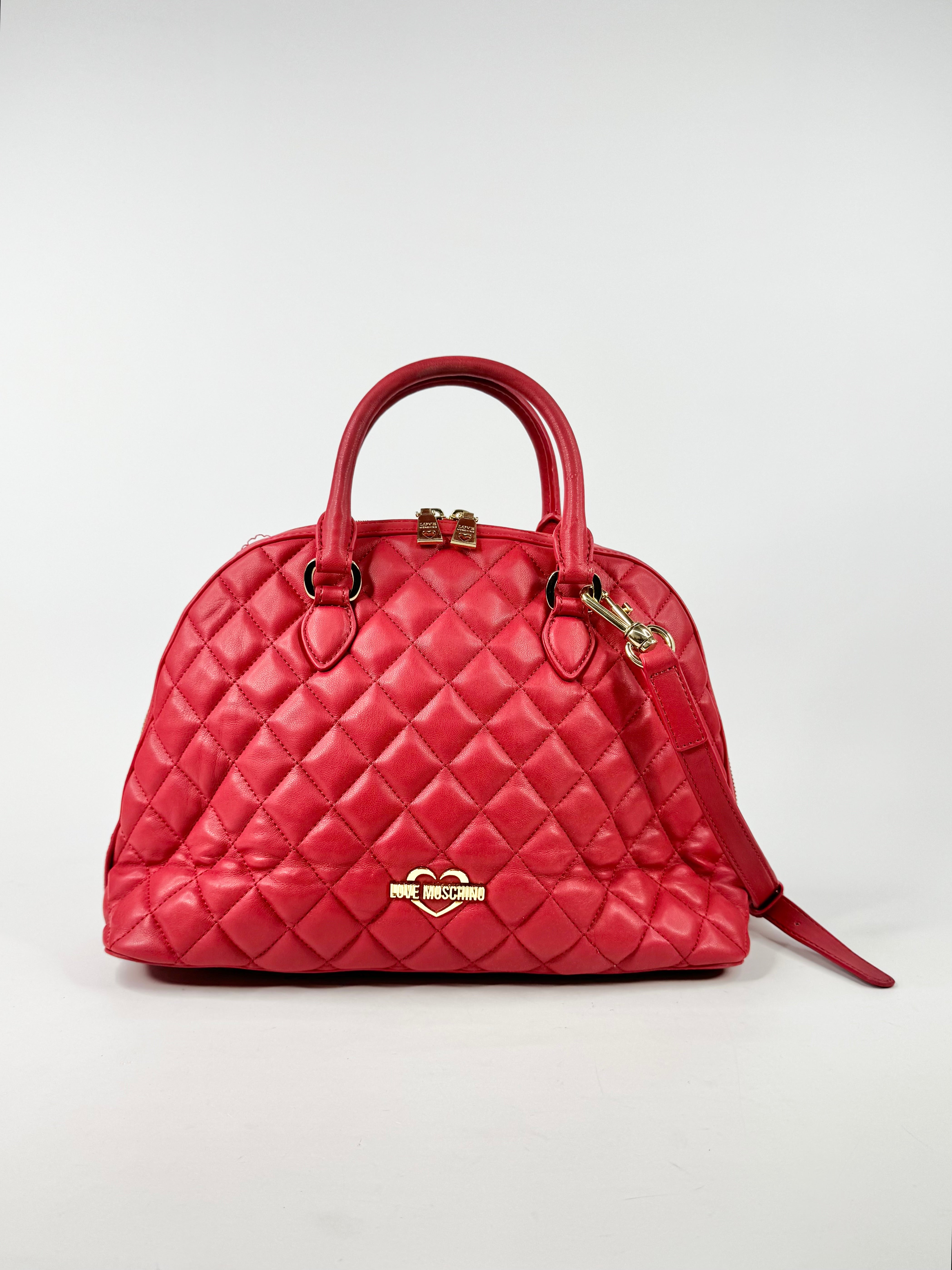 Love Moschino Strawberry Red Quilted Bowling Bag