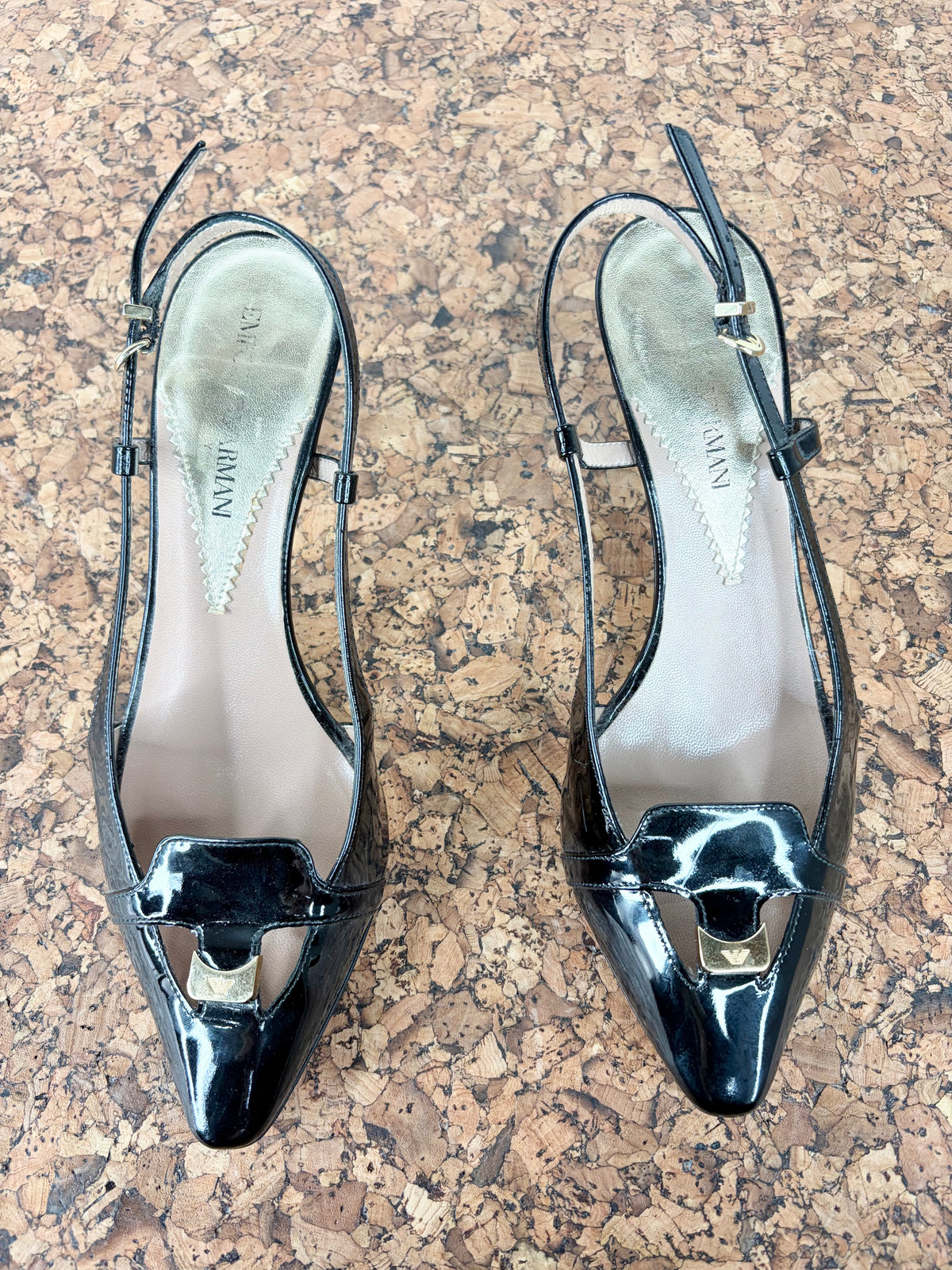 Giorgio Armani Black Patent Leather Pointed Toe Kitten Heels - EU37.5
