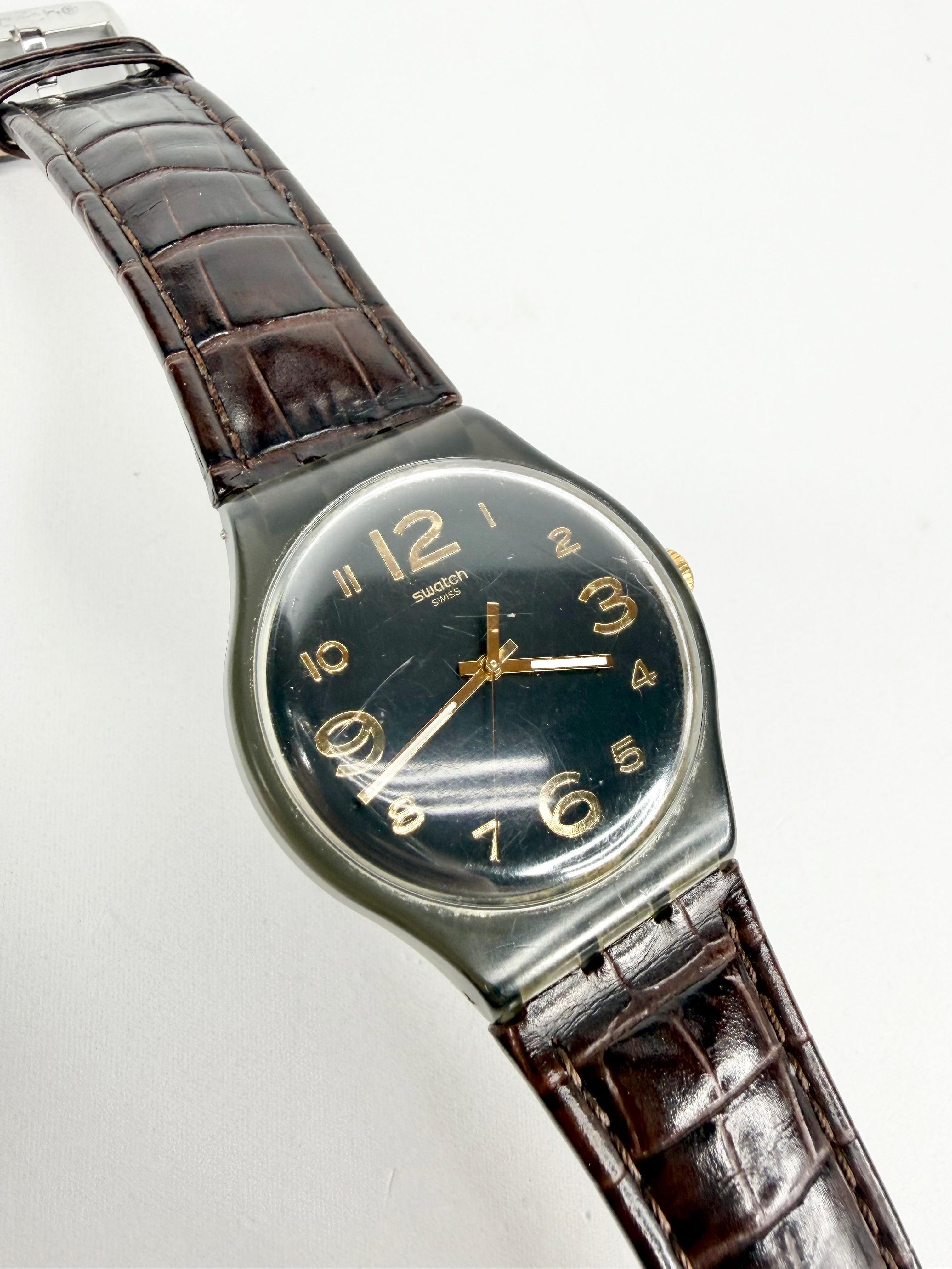 Swatch Black & Gold 'Town Hall' Croc Band Watch