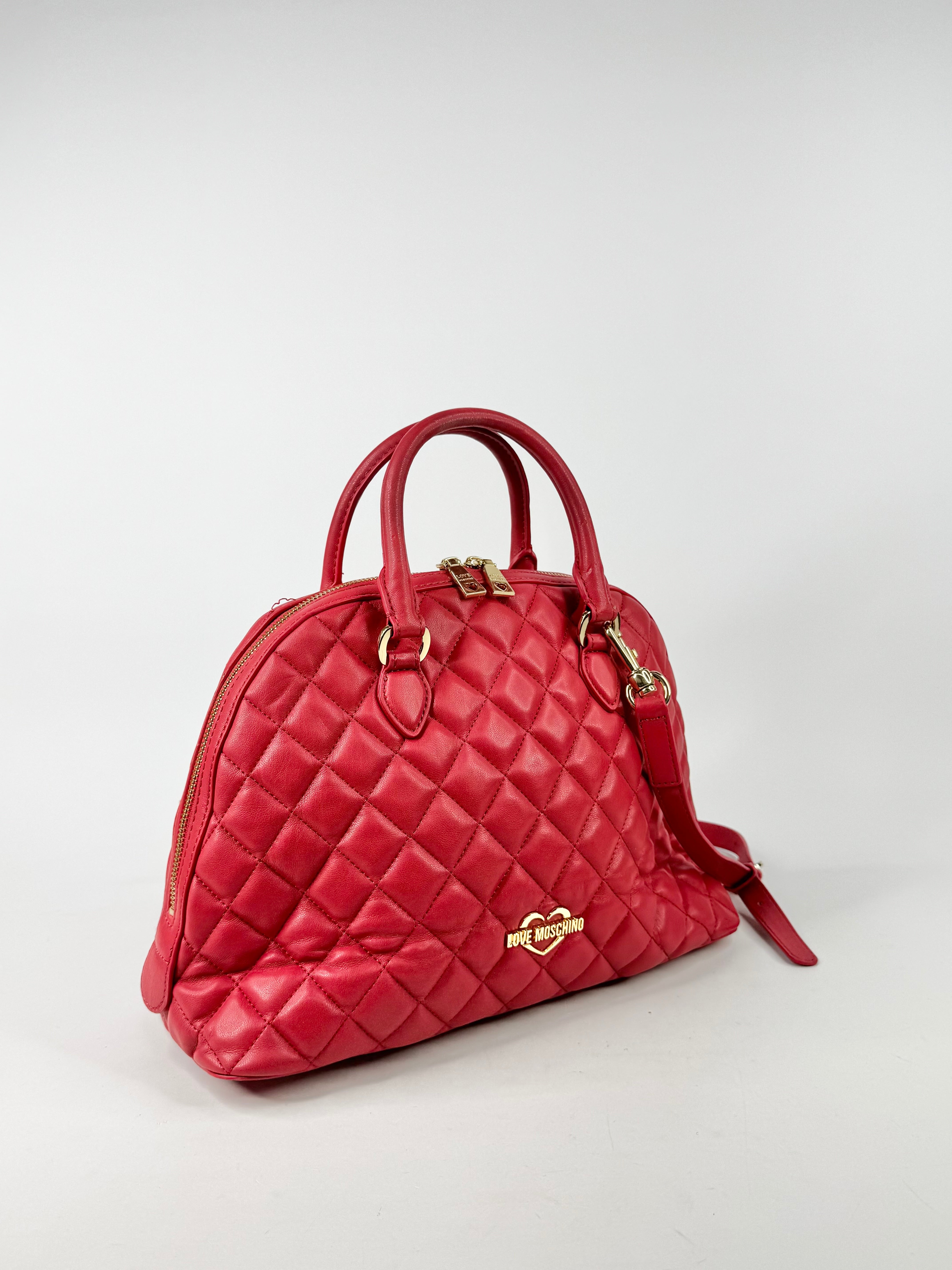 Love Moschino Strawberry Red Quilted Bowling Bag
