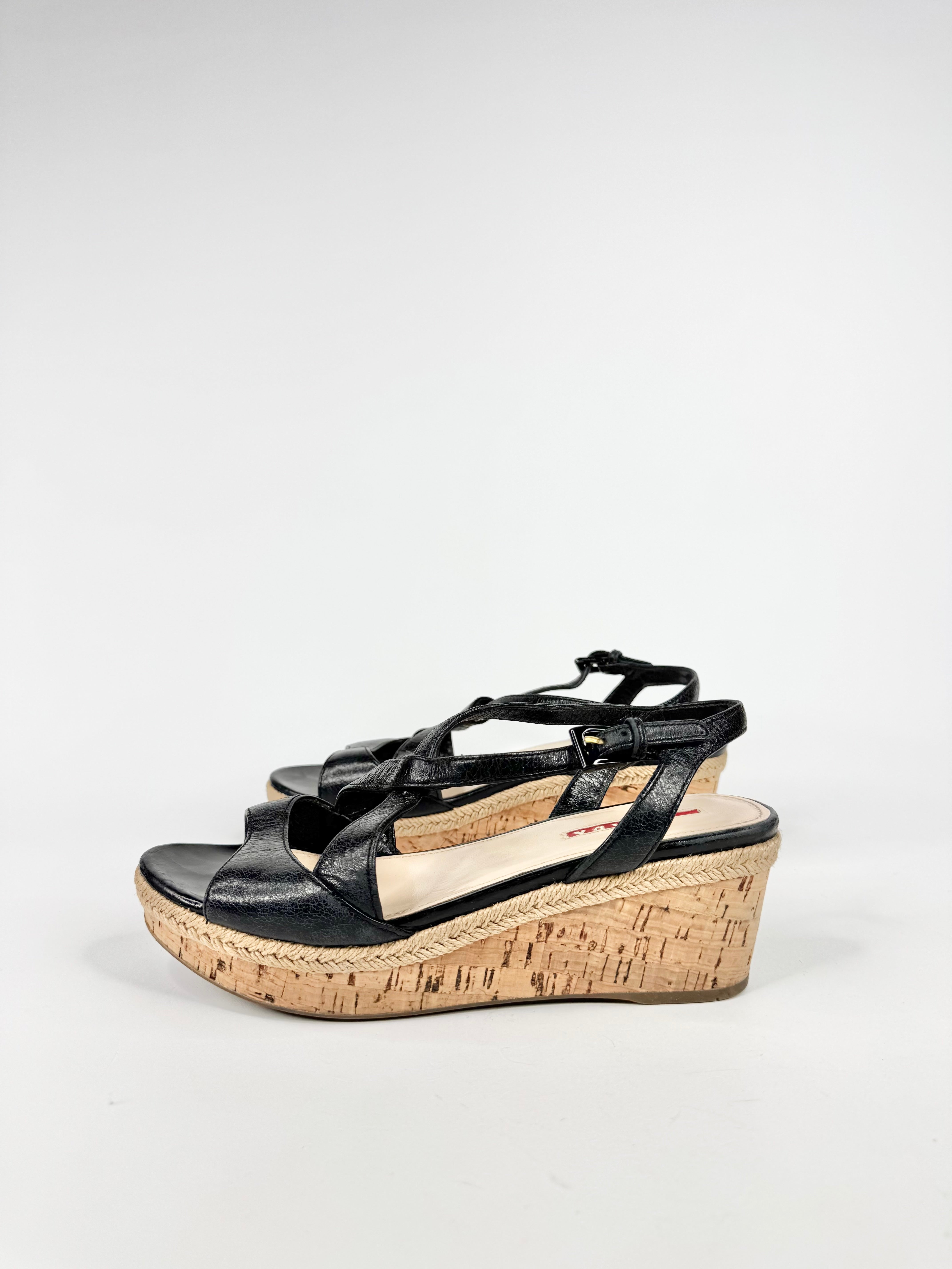Prada Black Leather Peep Toe Cork Wedge Sandals - EU37.5