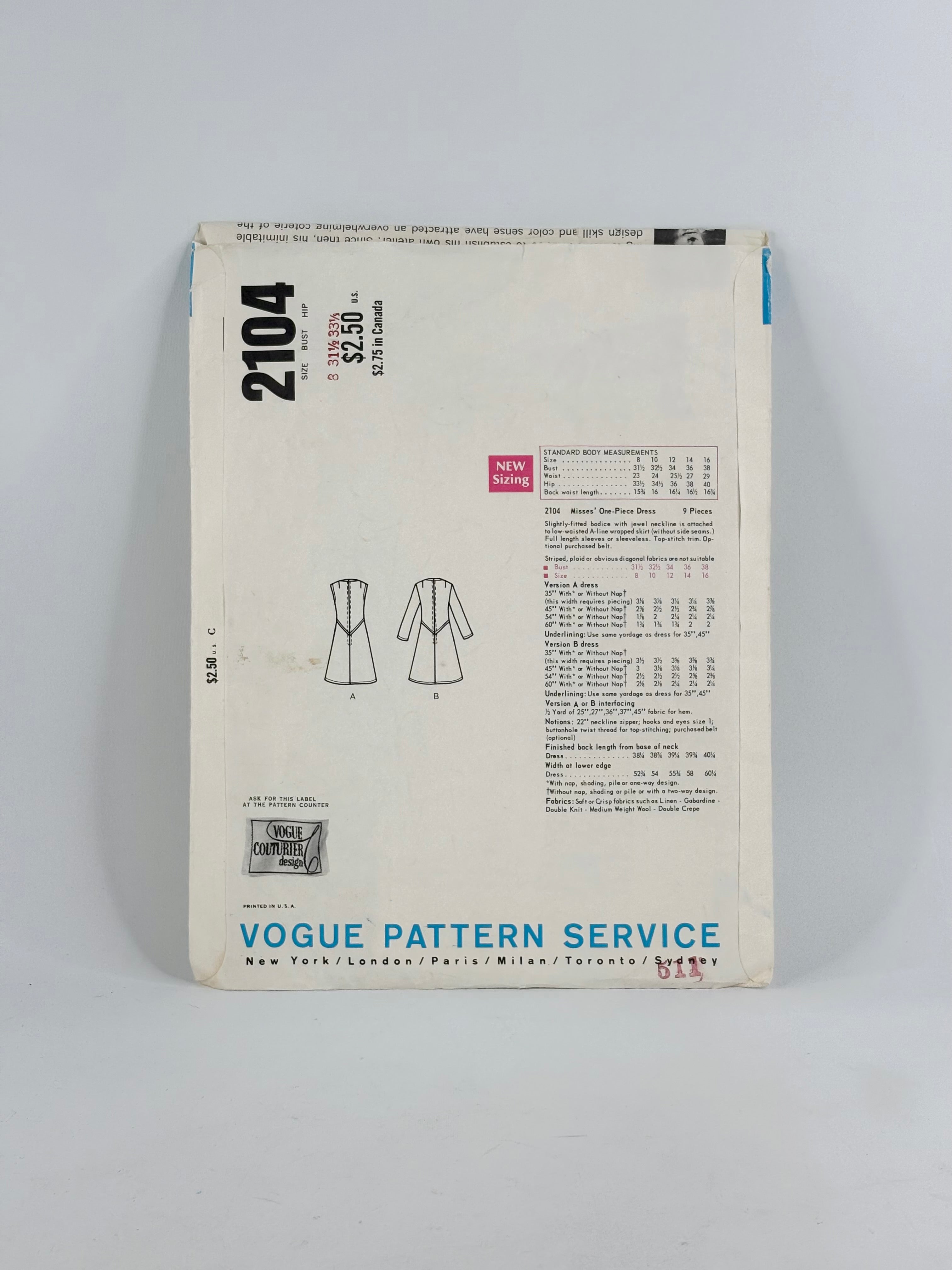 Vogue Couturier Design Valentino Dress & Jacket: No. 2104 - Size 8