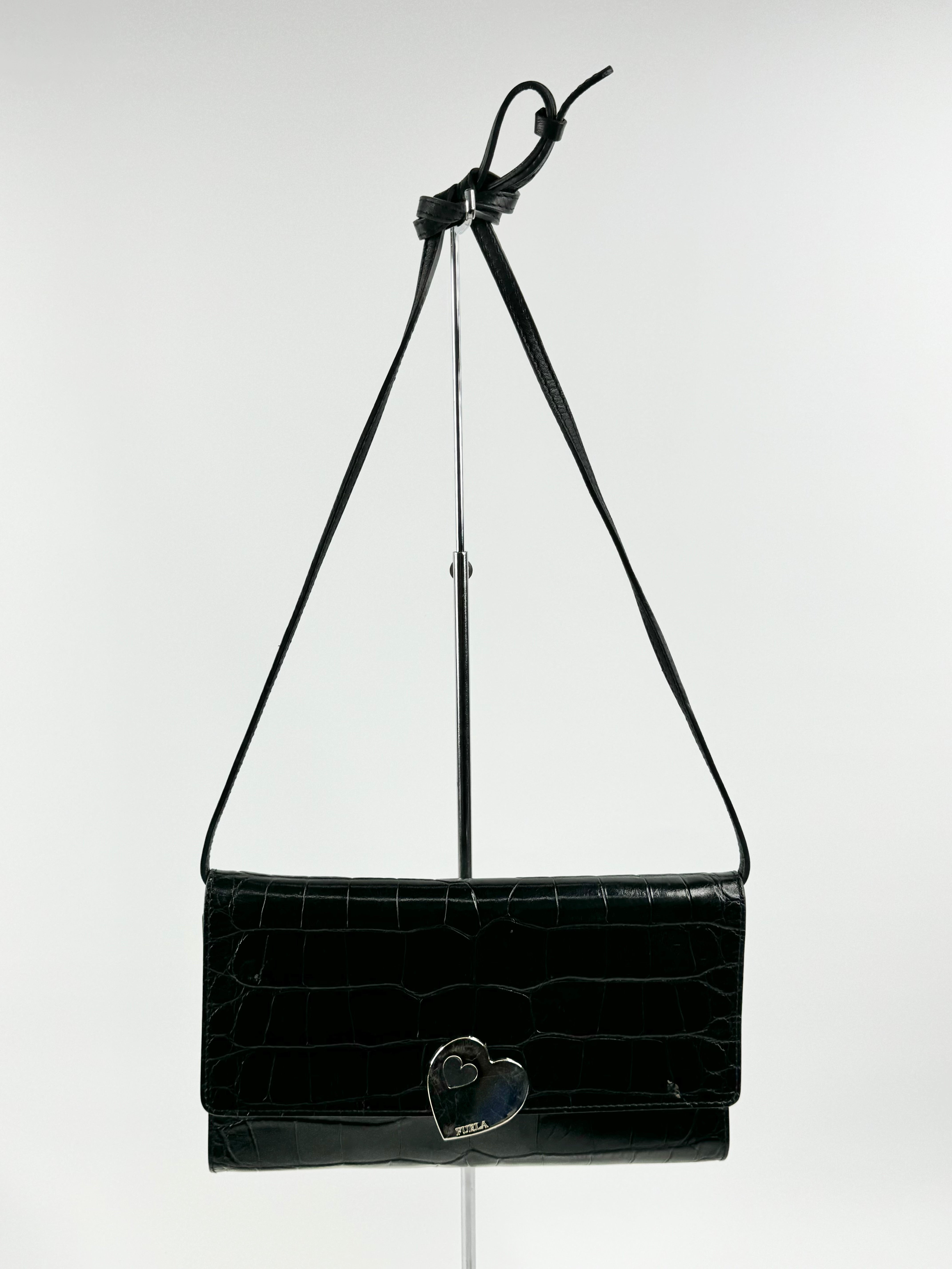 Furla Black Croc Textured Cross Body Bag