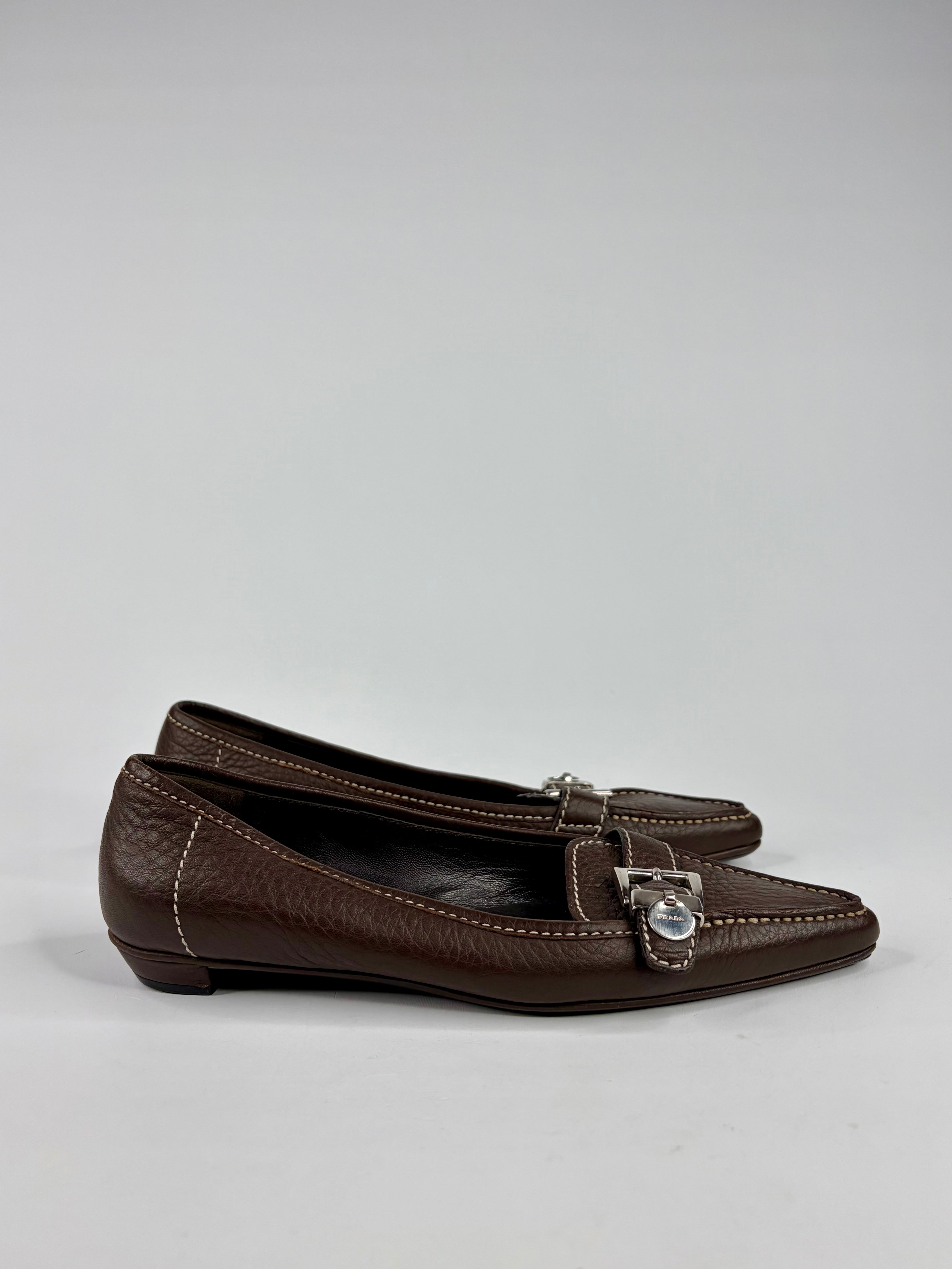 Prada Chocolate Leather Pointed Flat - 36