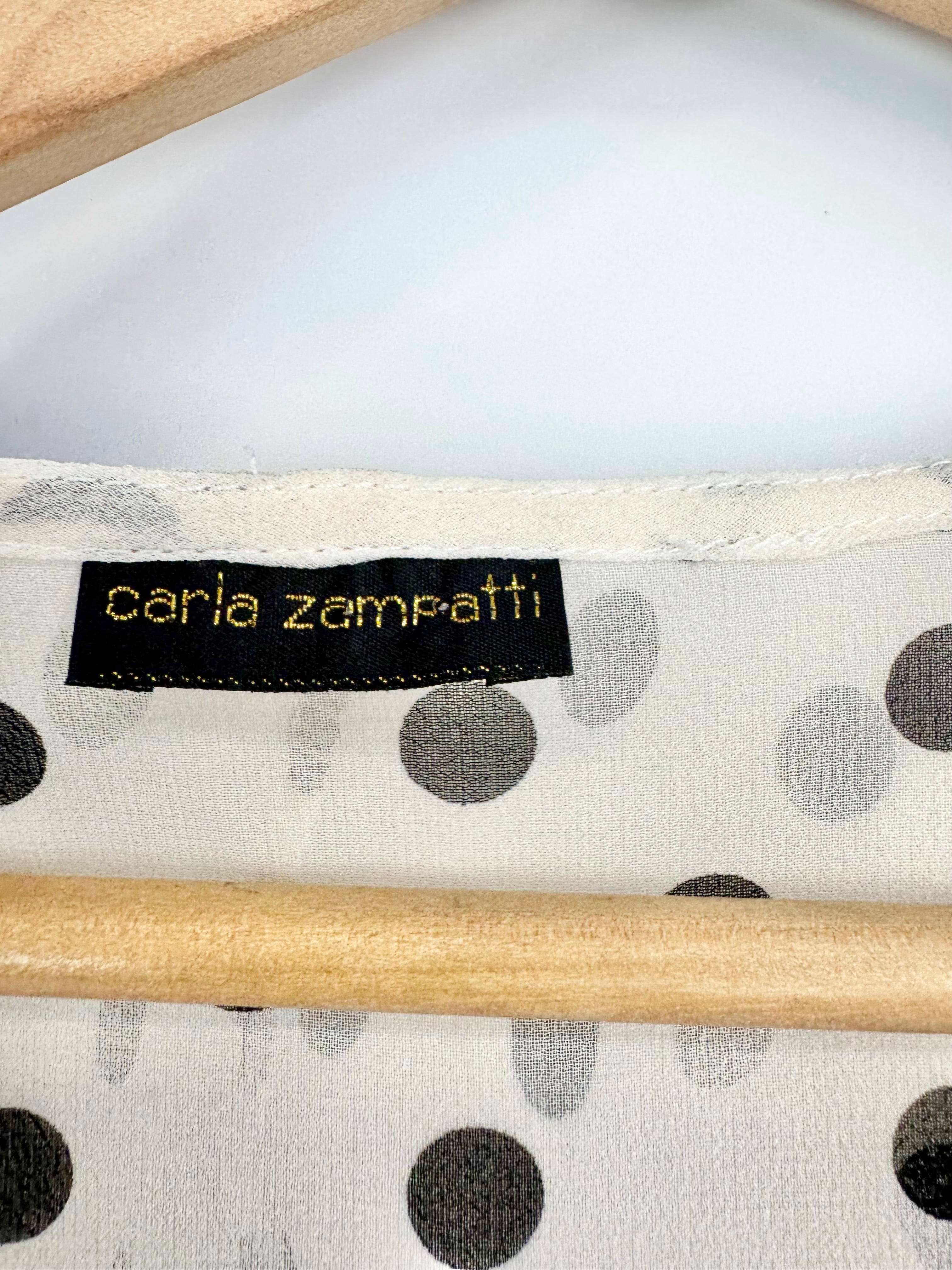 Carla Zampatti Black and Cream Spotted Frilled Edge Short Sleeve Top - AU10