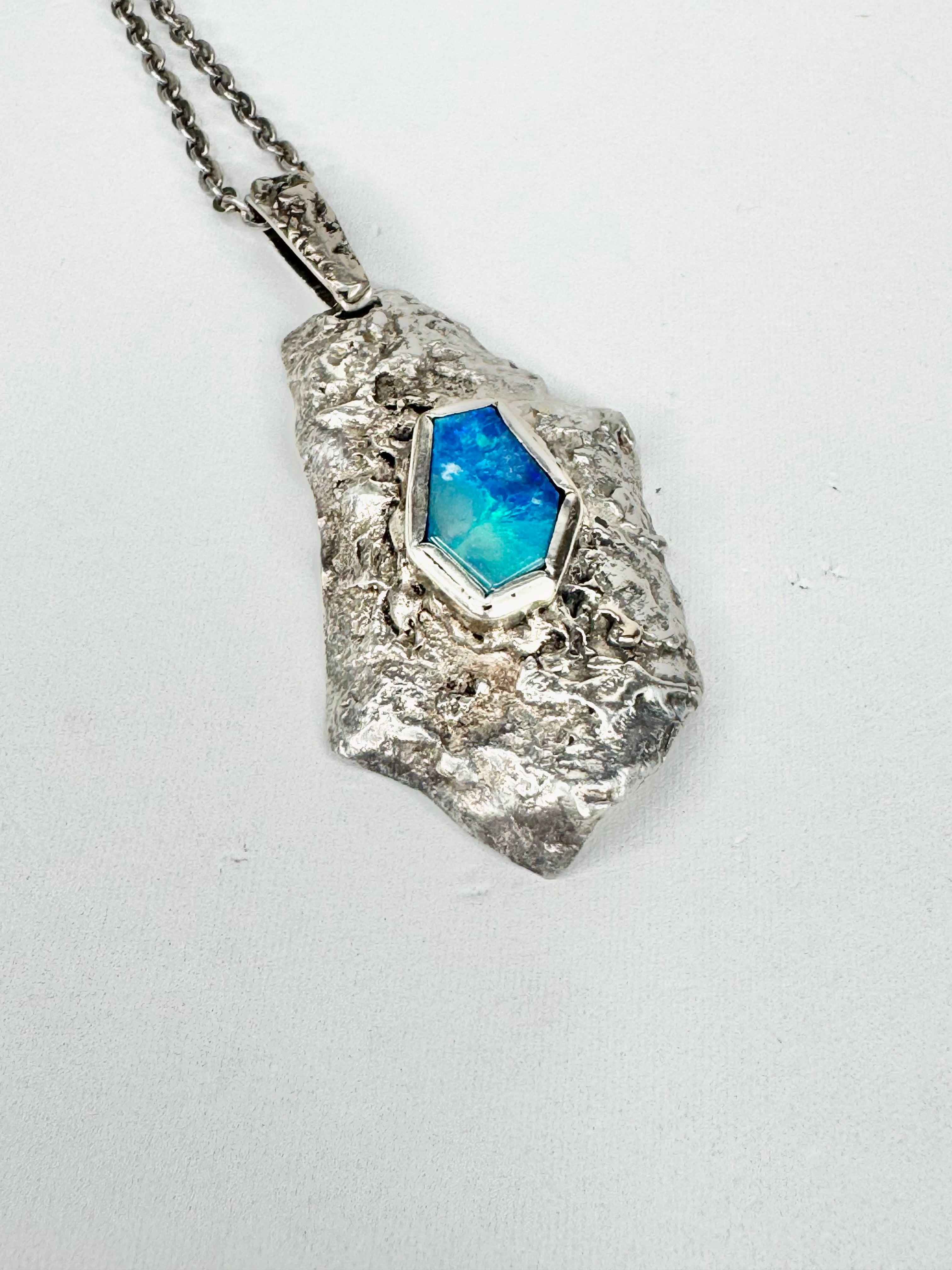Hand Crafted Opal & Silver Textured Pendant & Chain