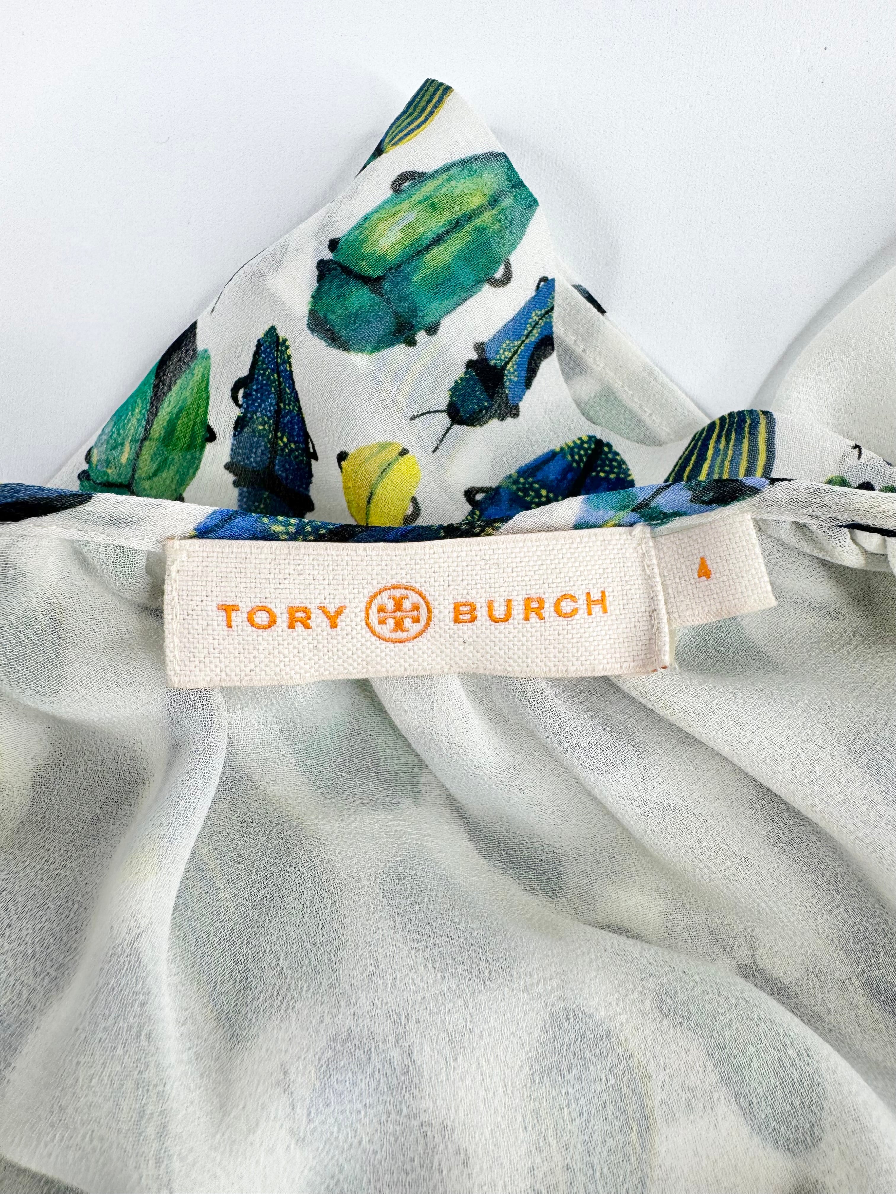 Tory Burch White Beetle Patterned Silk Puff Sleeve Blouse - AU10
