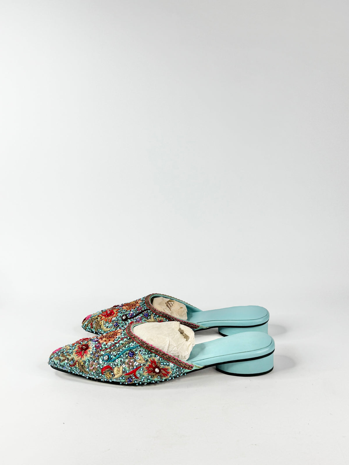 Aqua Hand Embroidered Mules - 9