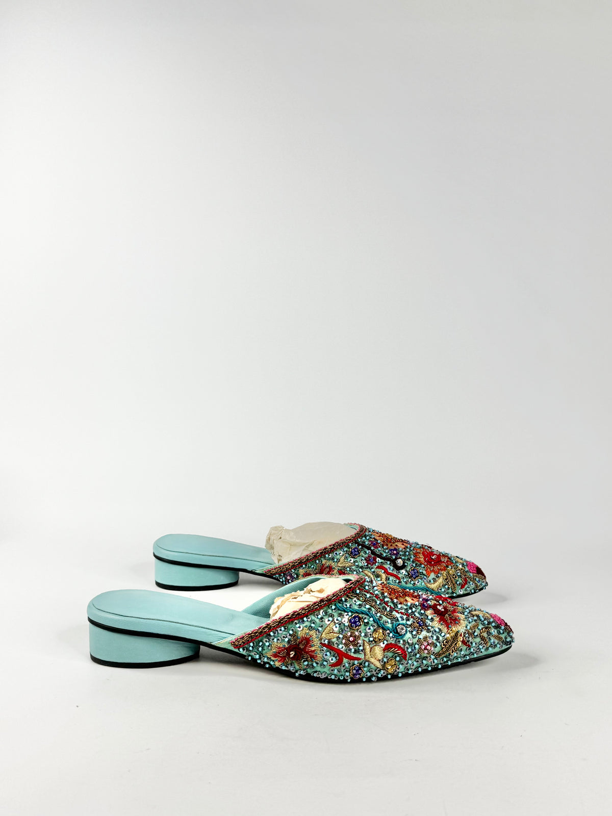 Aqua Hand Embroidered Mules - 9