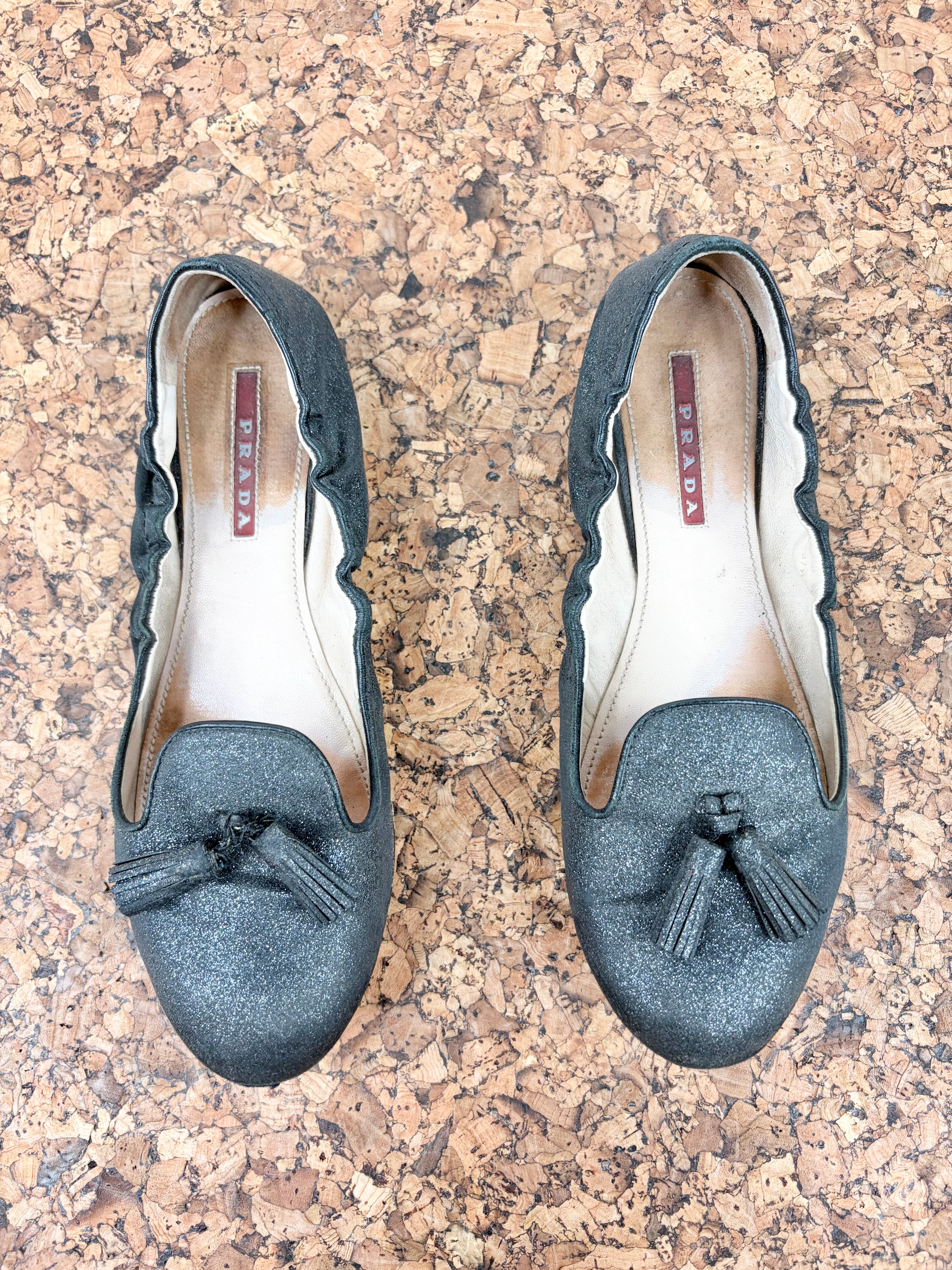 Prada Linea Rossa Black Glitter Ballet Flat - EU37.5