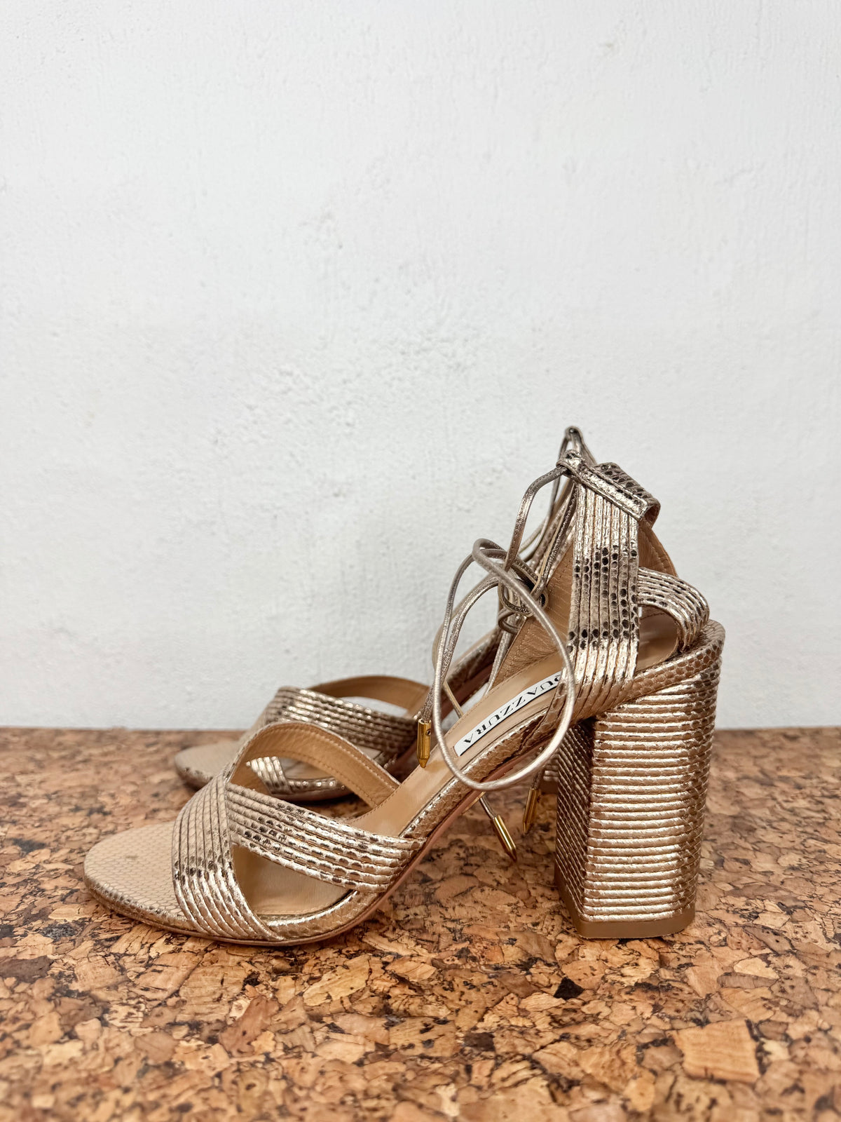 Aquazzura Rose Gold 'Ari' Metallic Leather Snakeskin Embossed Wrap Heels - EU37.5