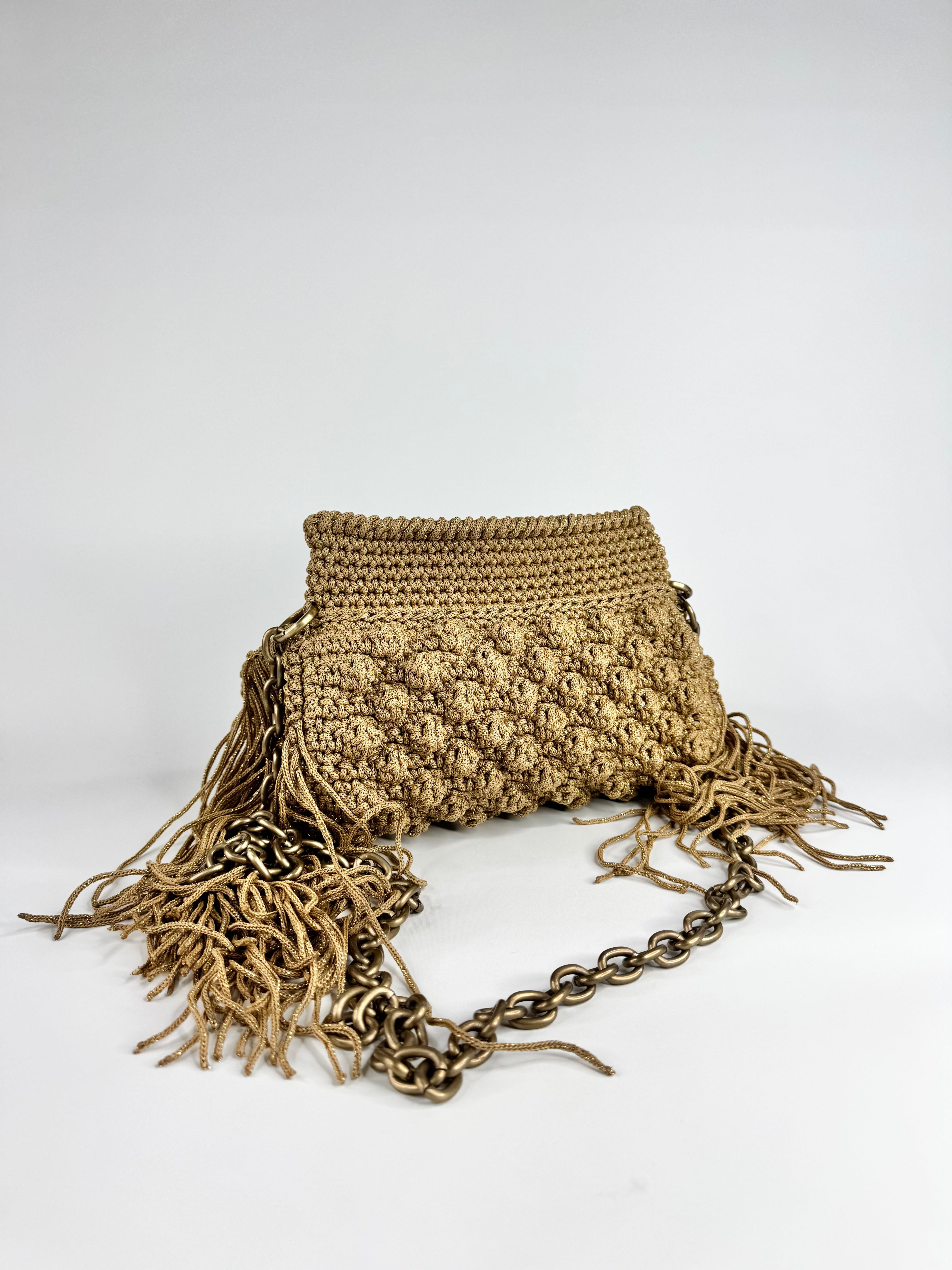Lulu by Liana K Raffia Crochet Beige & Gold Fringed Bag