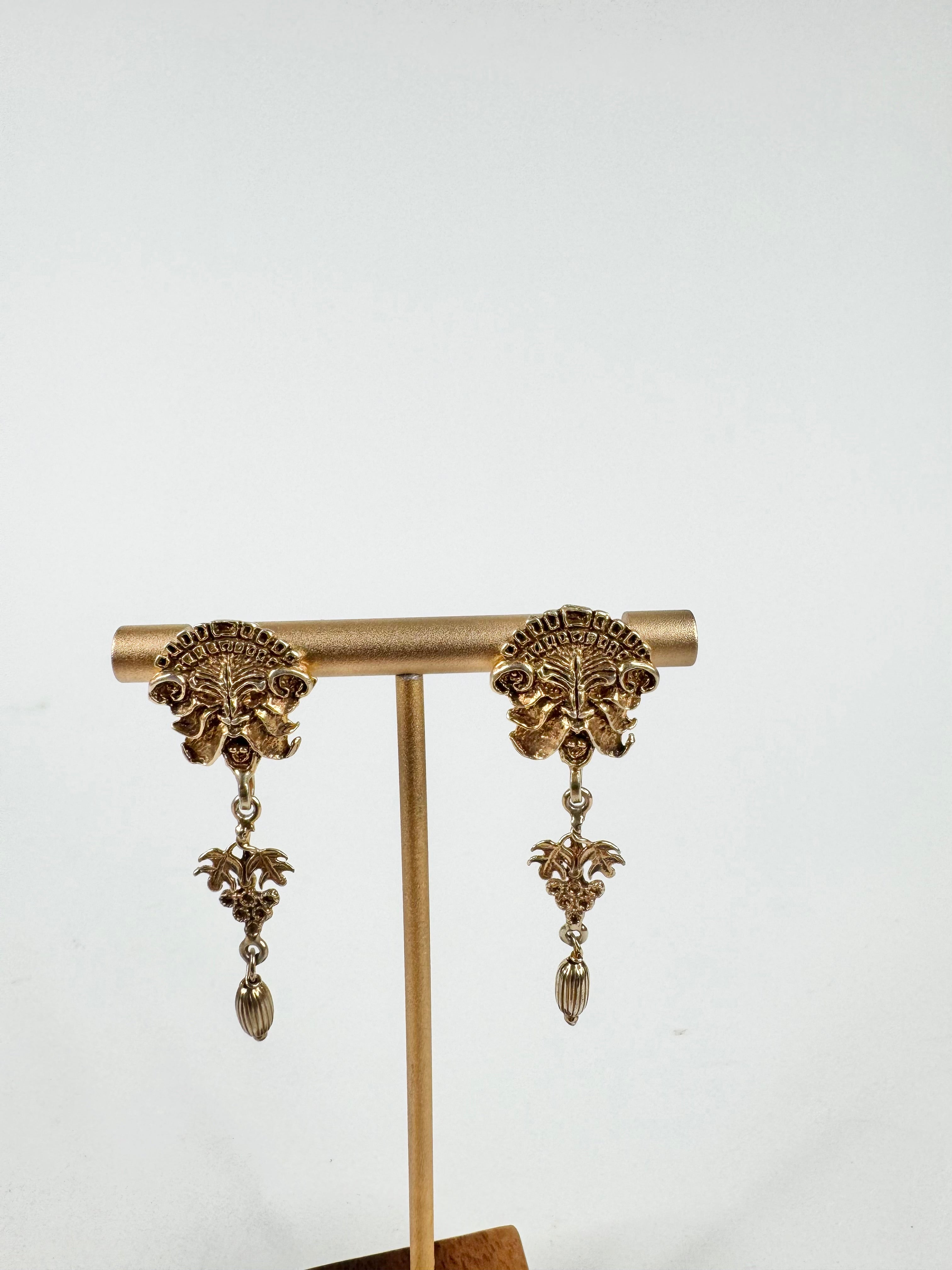 Vintage Marcello Fontana Gold Toned Green Man Drop Earrings