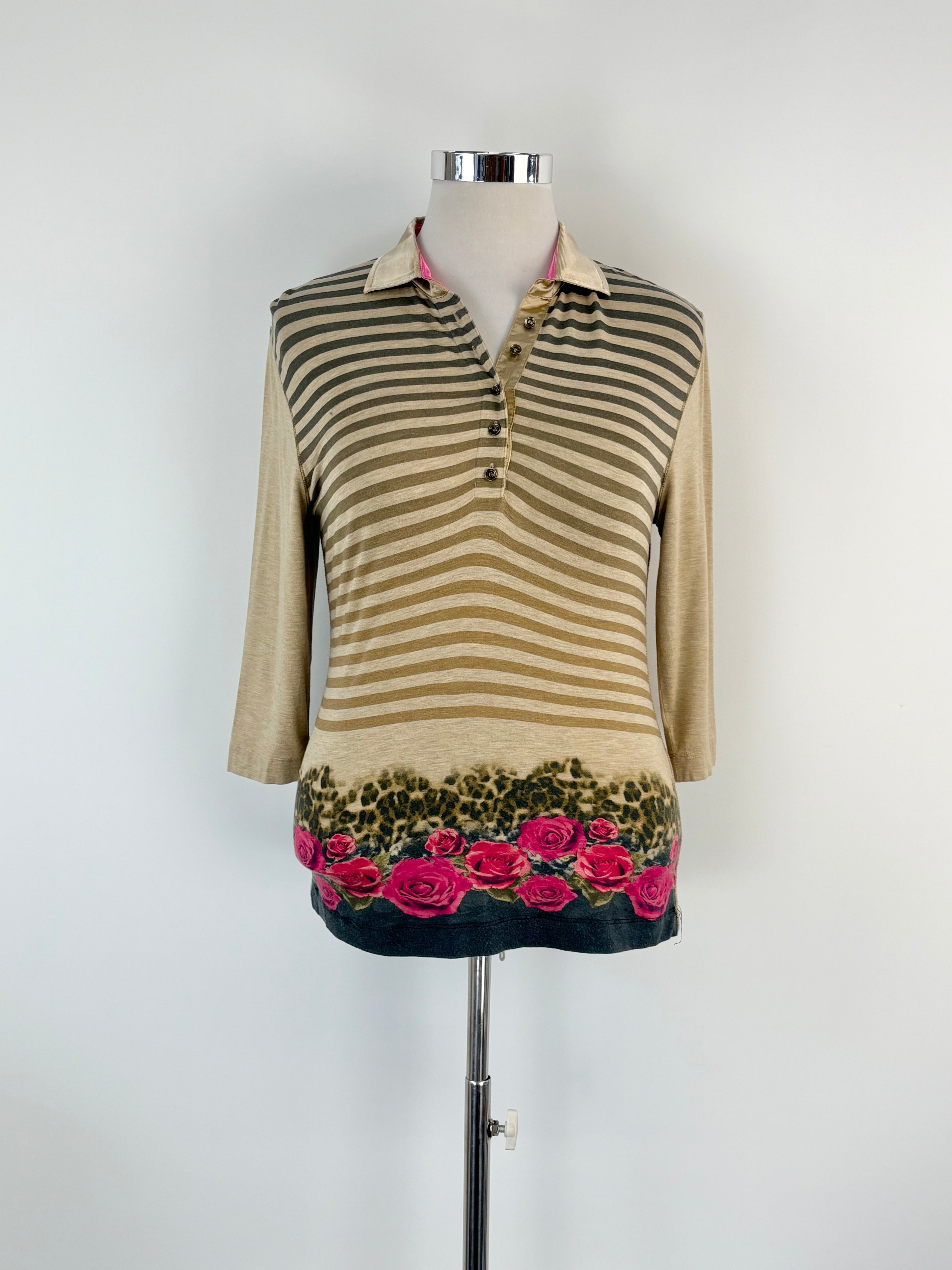 Basler Beige Striped & Animal-Print Long Sleeve Polo - AU14