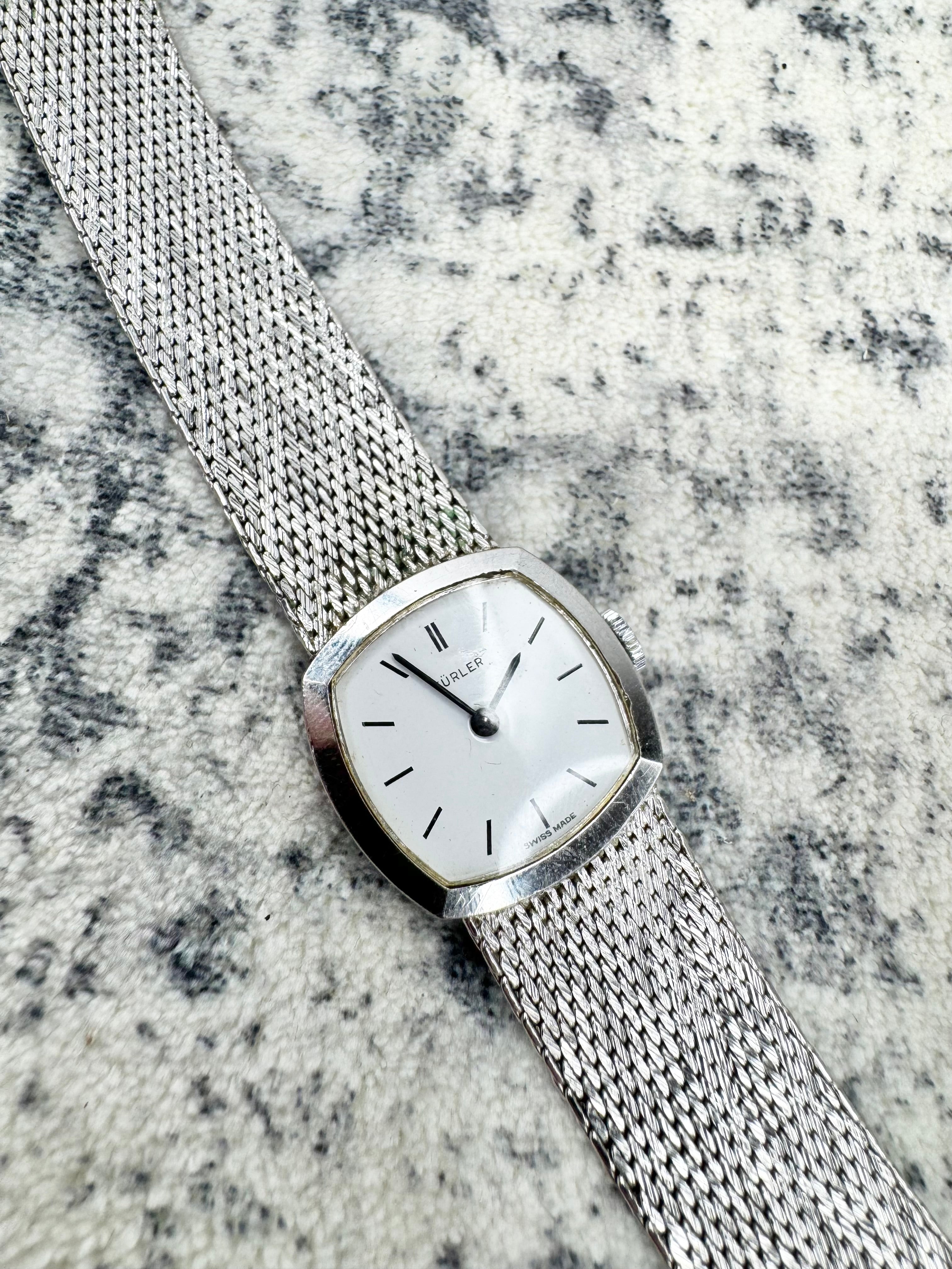 Vintage 70s Türler Silver Toned Cushion Shaped Milanese Mesh Swiss Watch