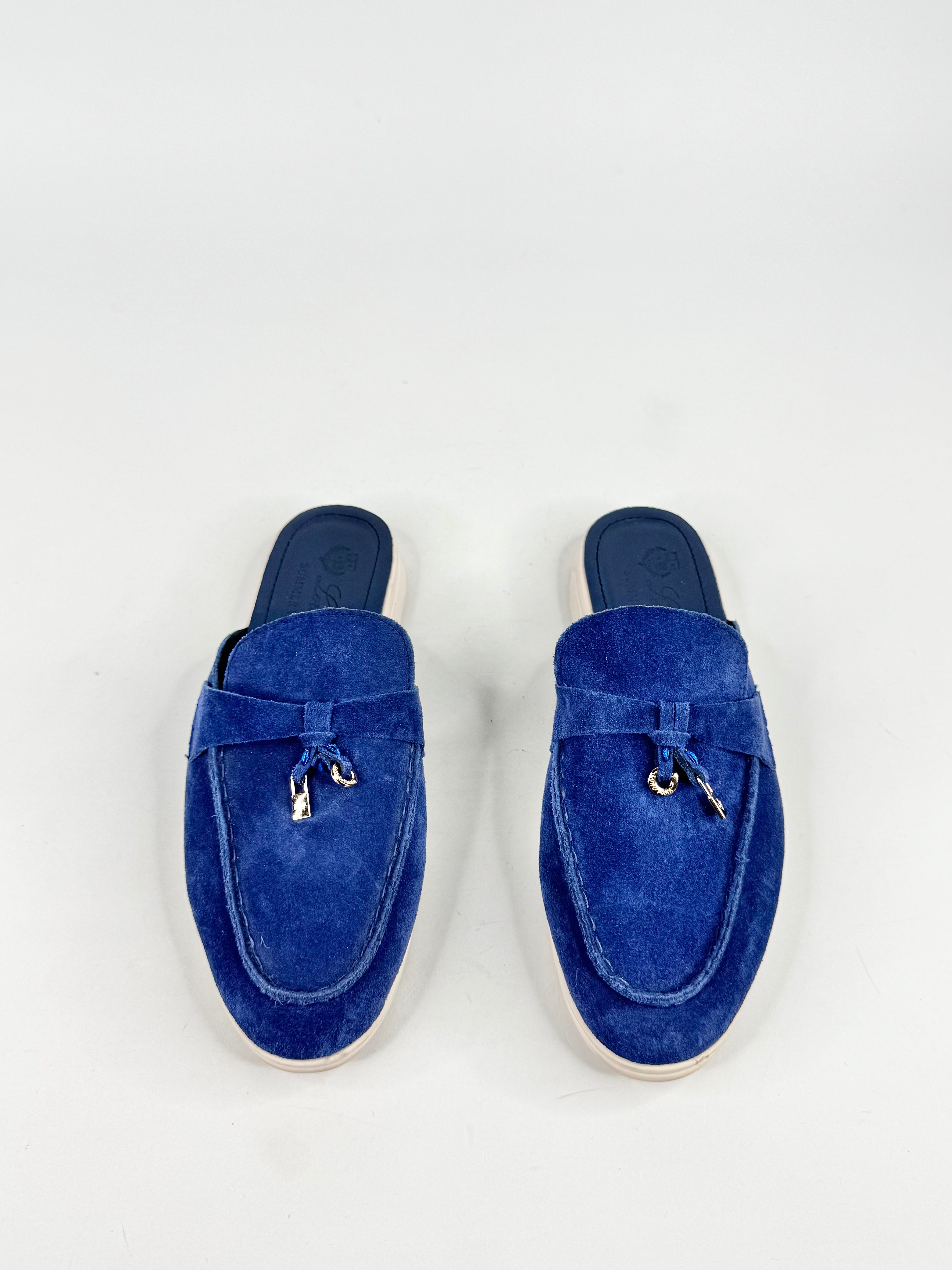 Loro Piana Blue Suede Babouche Charm Embellished Mules - EU38
