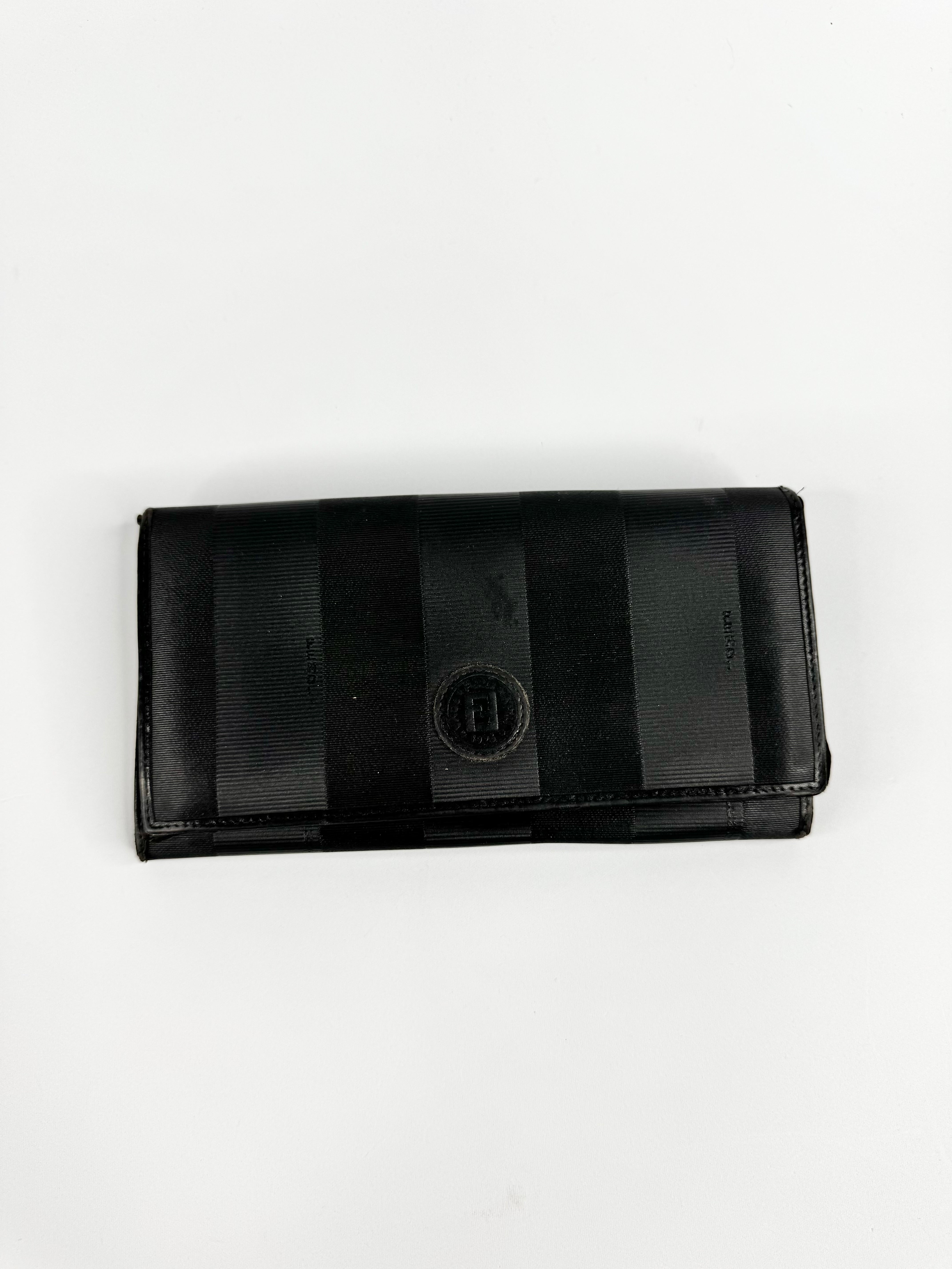 Vintage 90s Fendi Black Canvas & Leather Striped Wallet