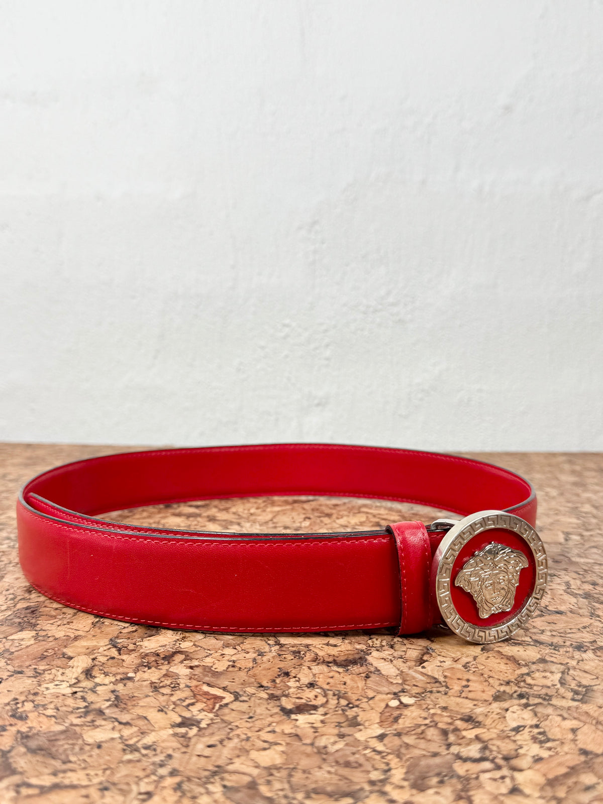 Vintage Versace Medusa & Greek Key Cherry Red Leather Belt
