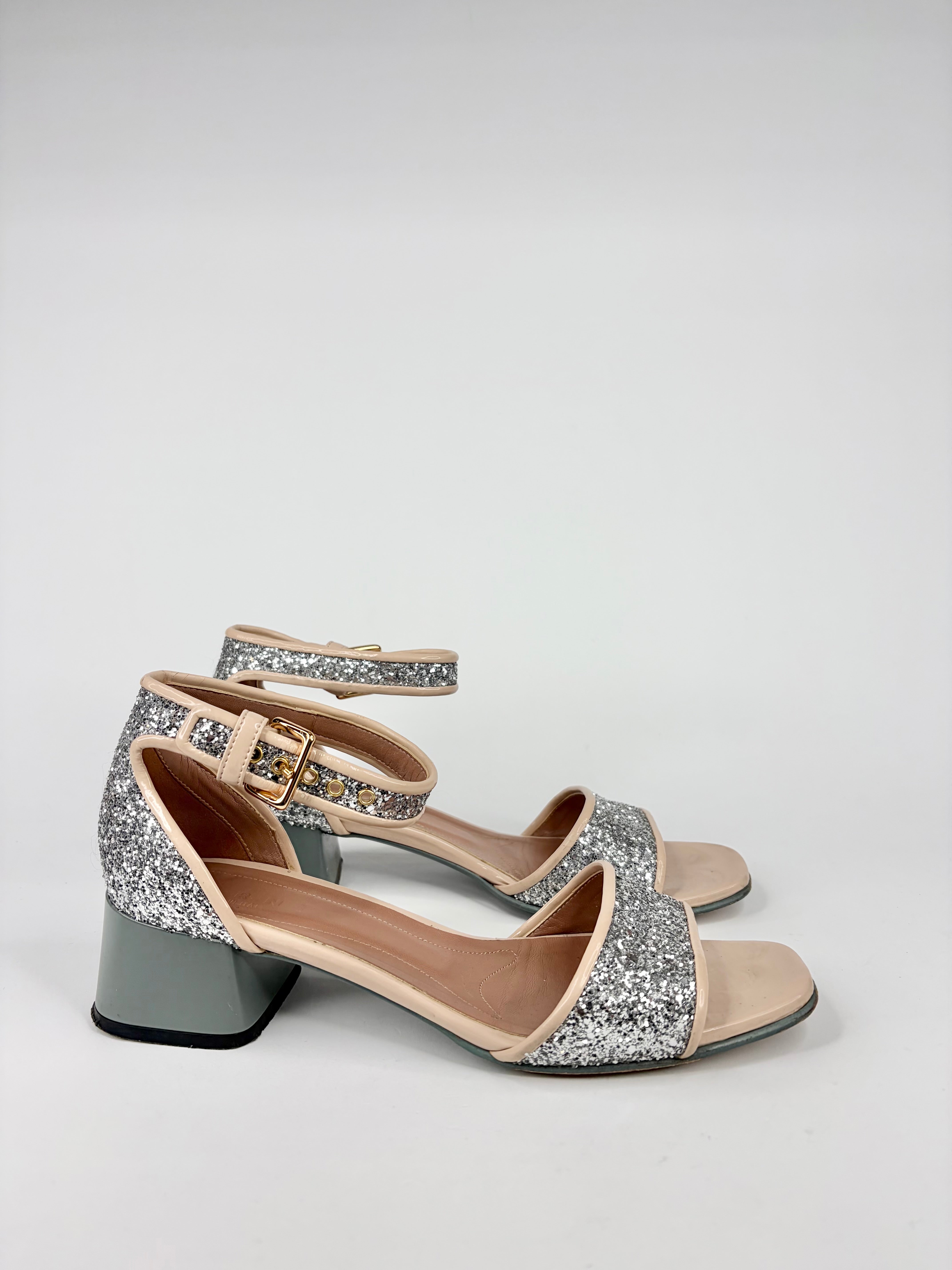 Marni Silver Glitter Open Toe Heels - EU39
