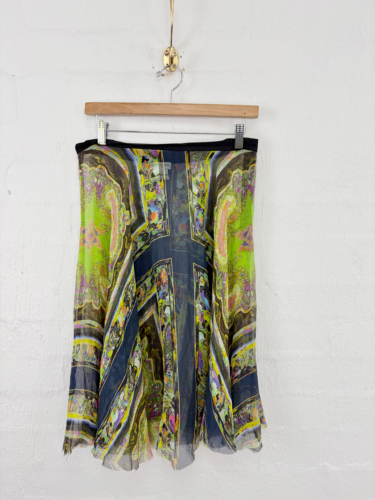 Dries Van Noten Sheer Green & Black Patterned Asymmetrical Silk Skirt - AU10/12