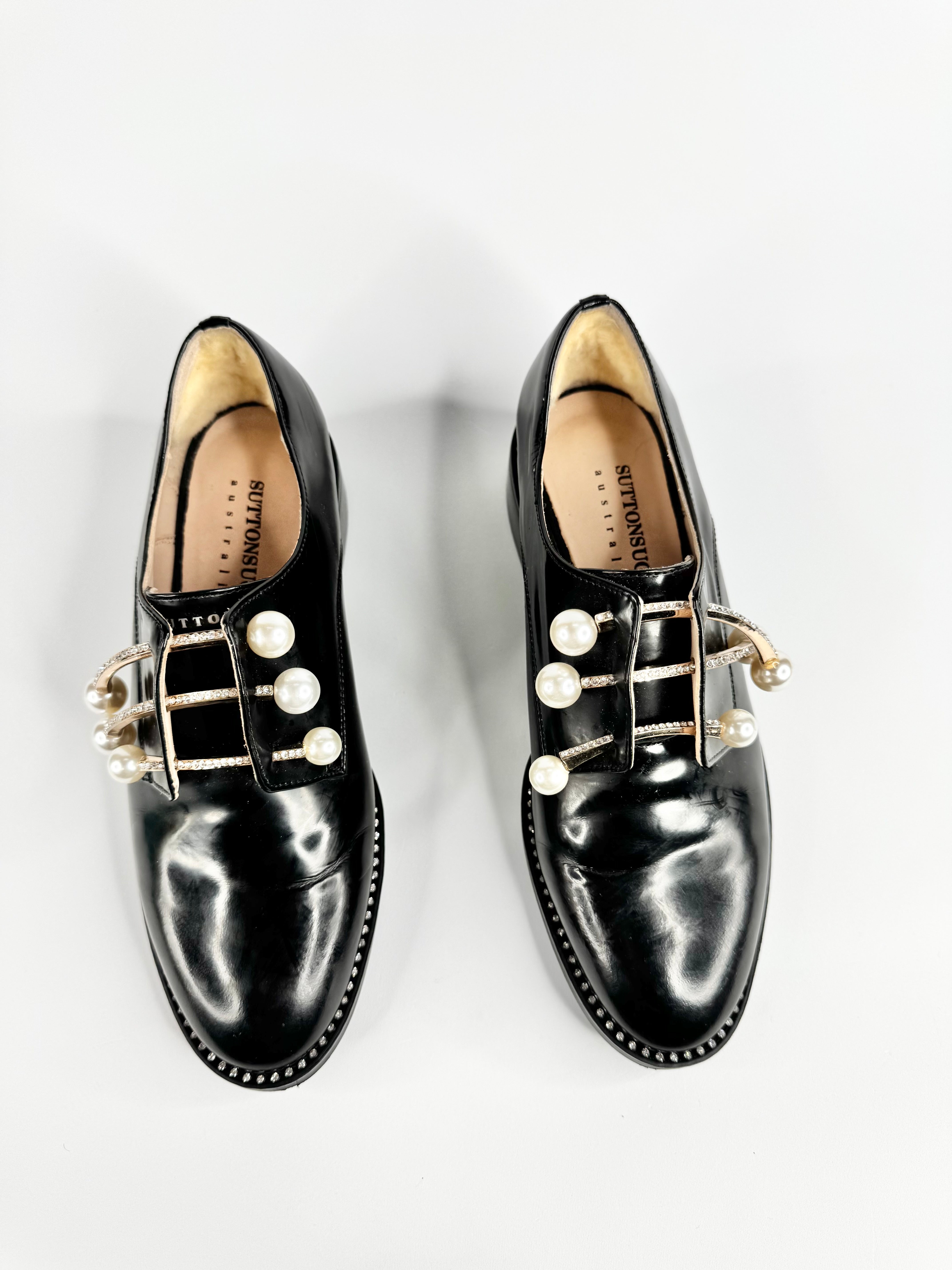 Suttonsnug Black Diamonte & Faux Pearl Embellished Loafers - EU35
