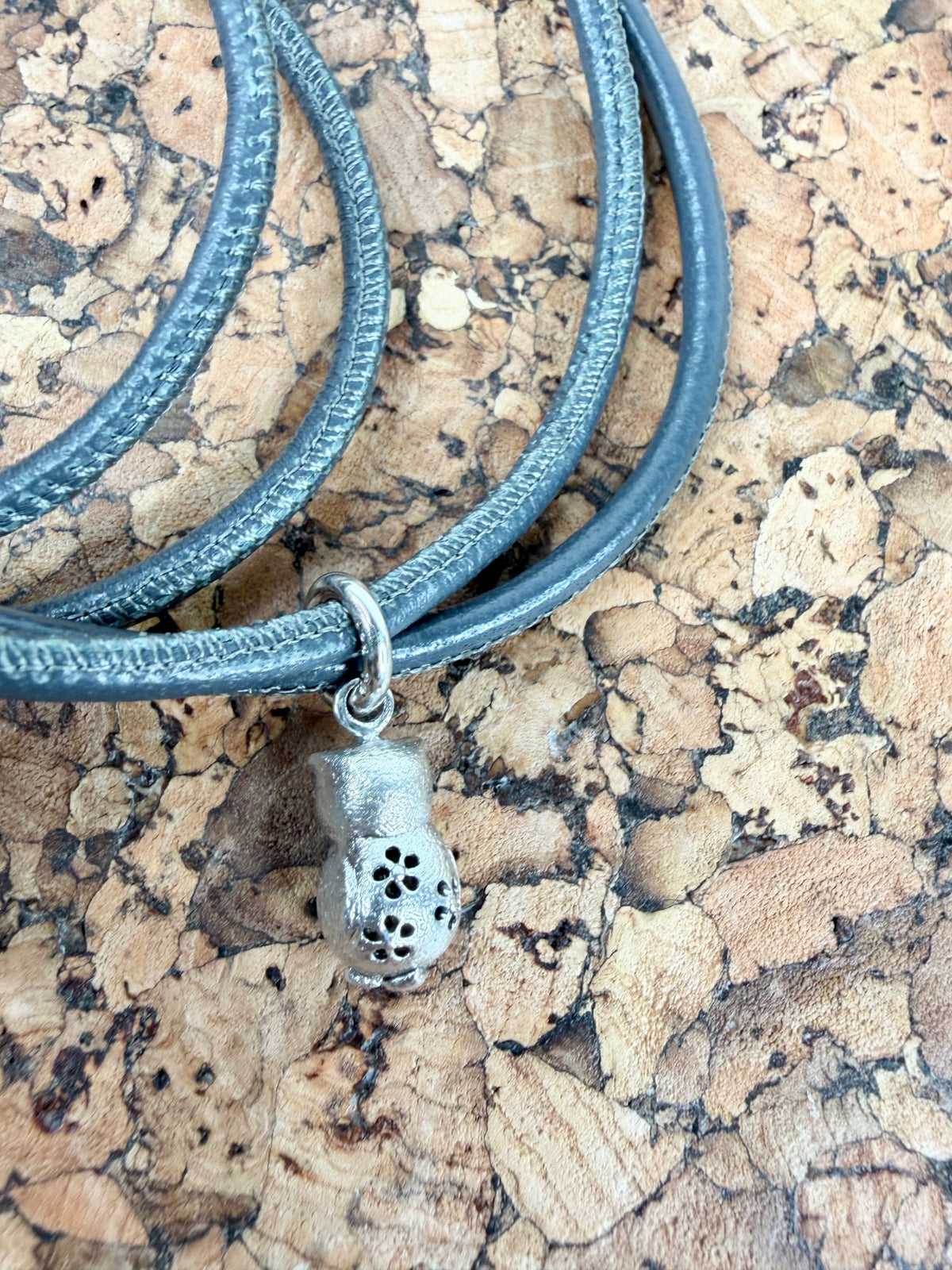 Blossom Copenhagen Small Silver Owl Pendant on Grey Leather