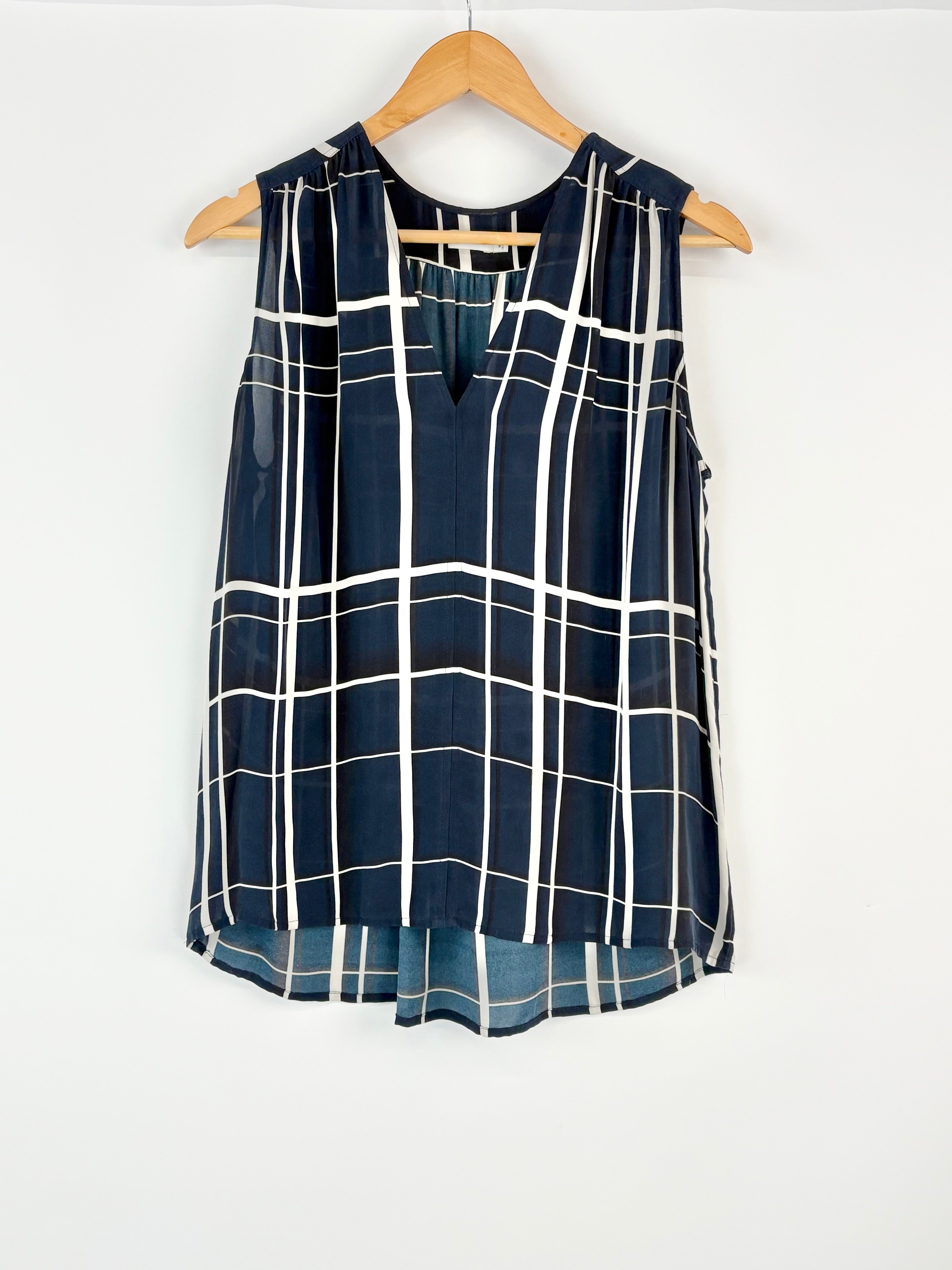 Vince Navy & White Silk Geometric Patterned Top - AU14/16