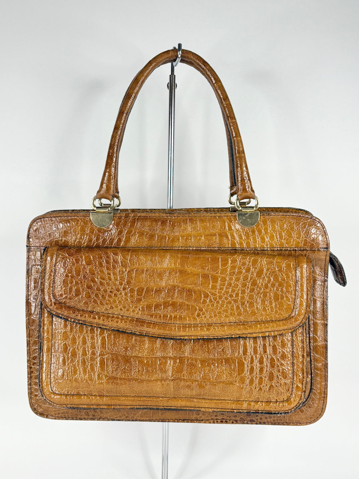 Vintage Tan Croc-Embossed Leather Accordion Handbag