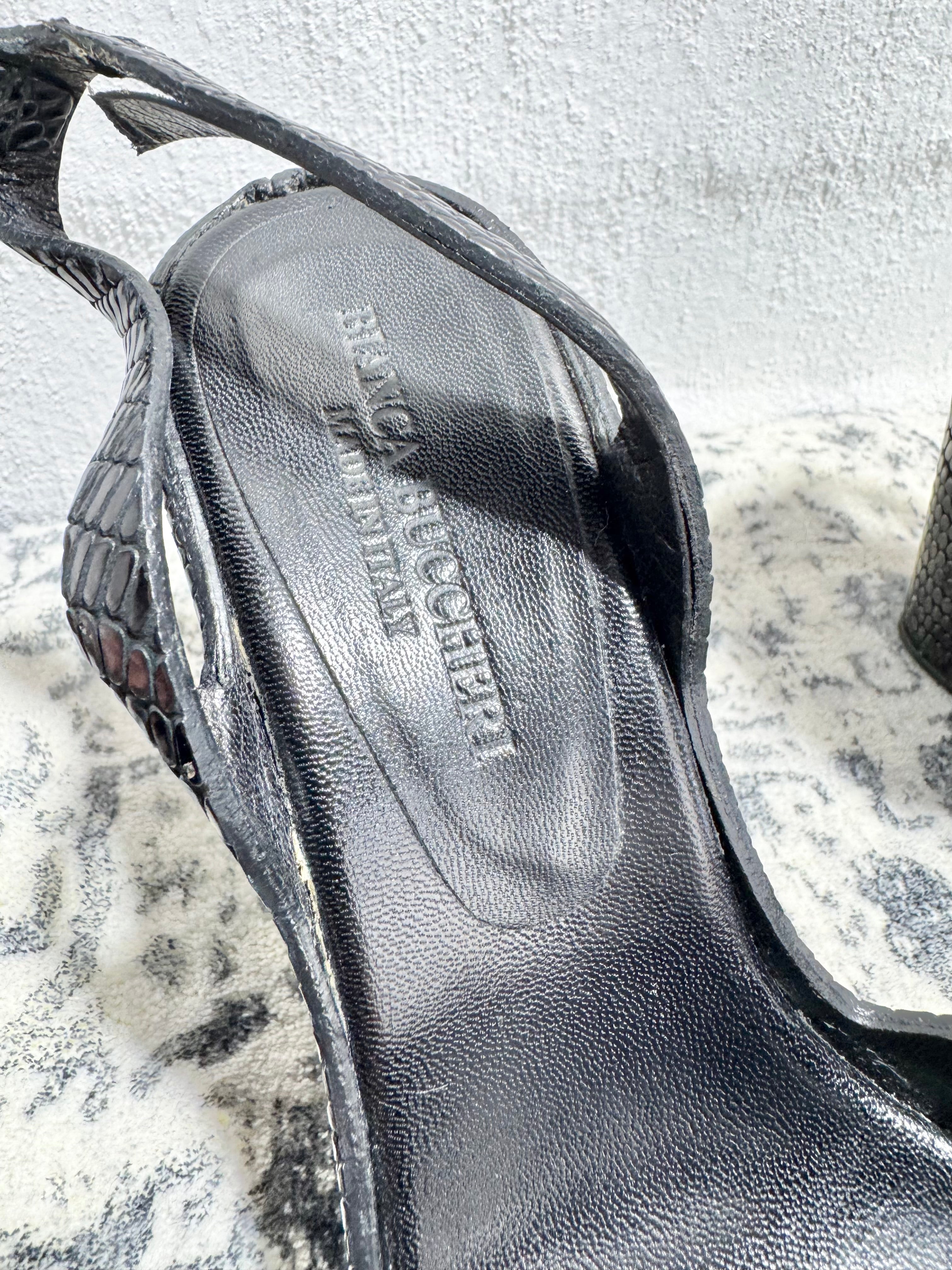 Bianca Buccheri Black Reptile Embossed Peep Toe Wedges - EU37
